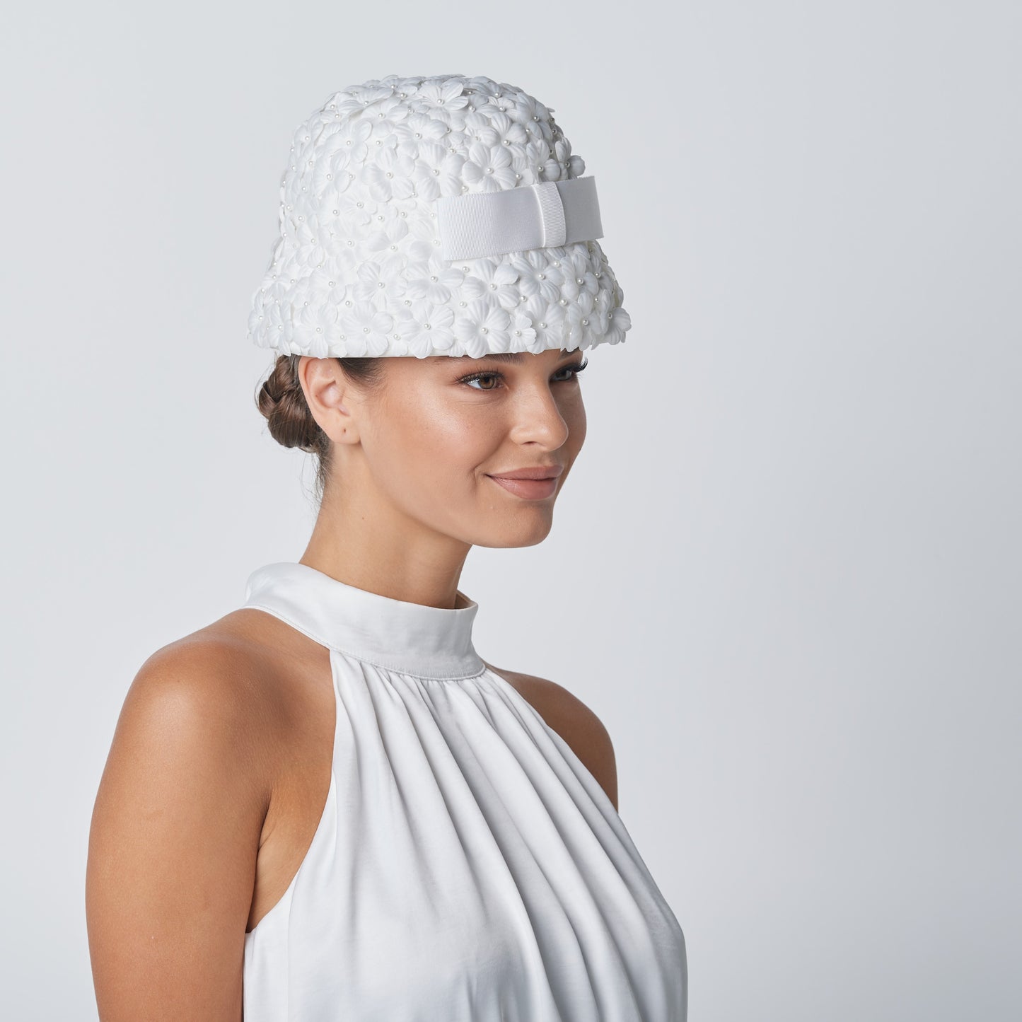 Field of Pearls white embellished hat with flowers and pearl