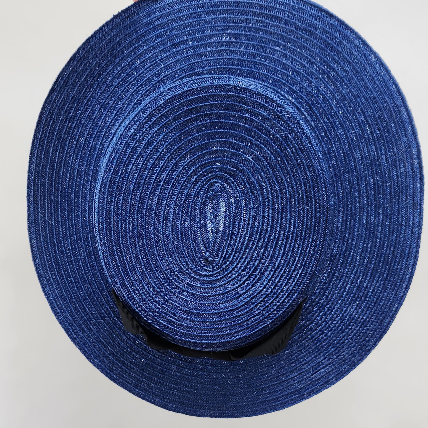 Colette Boater Hat in Blue Stitched Braid with black petersham infinity bow