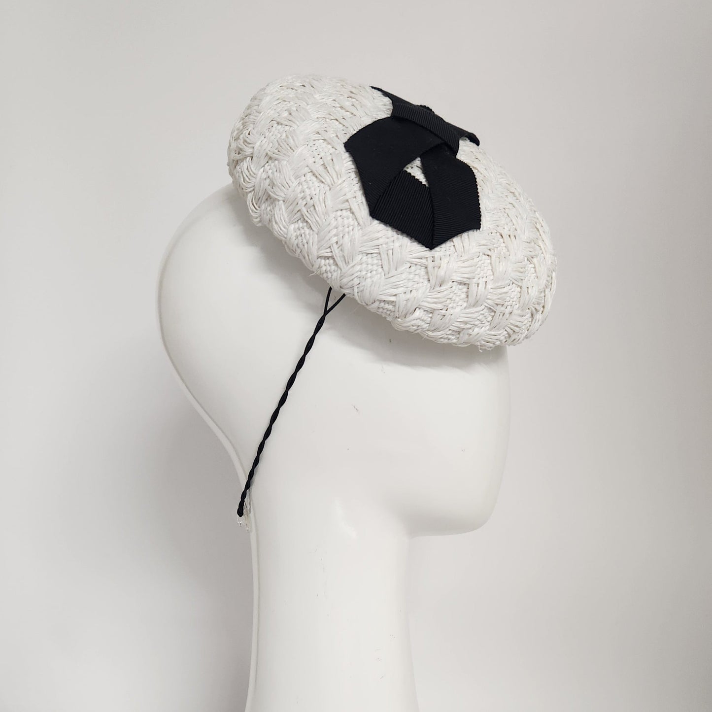 Eva Beret in white straw cloth with black infinity bow Spring Racing Headpiece