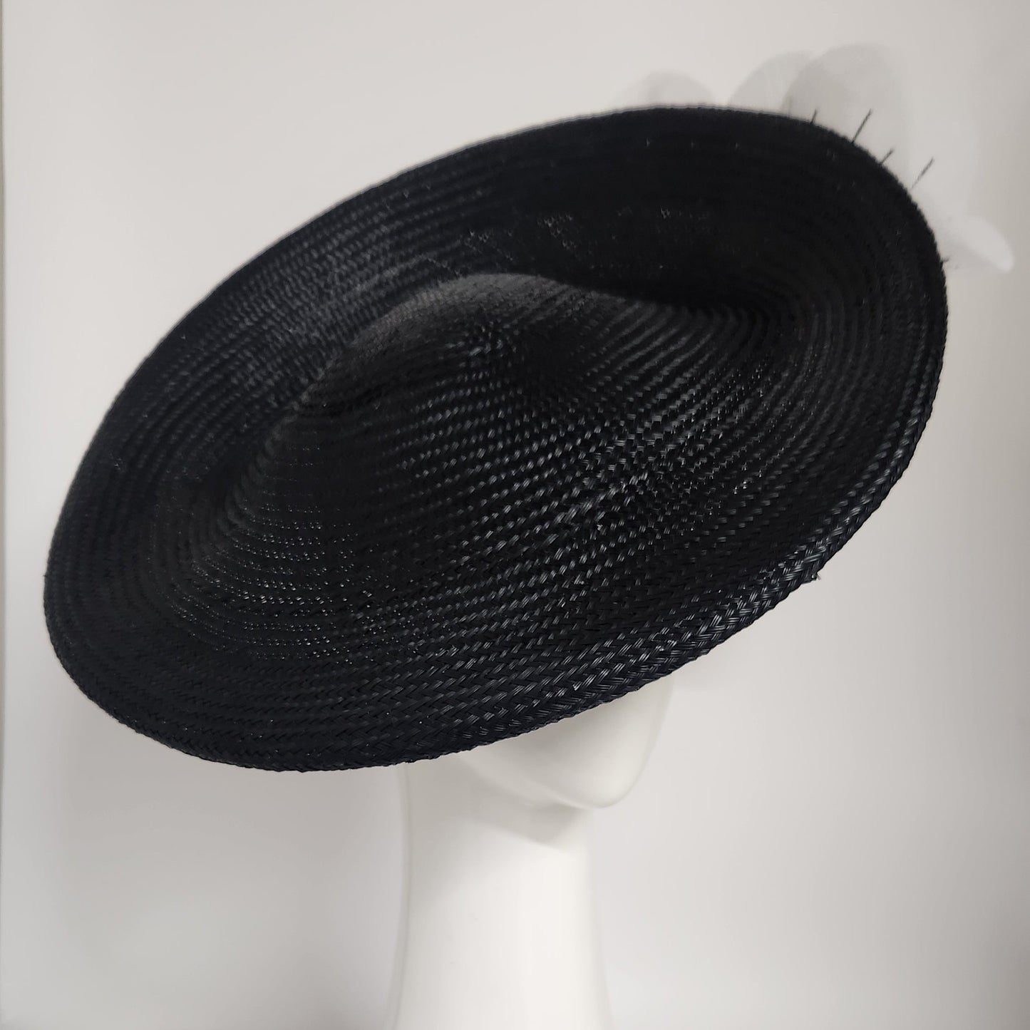 Monique Saucer in Textured Straw Poppy Flower Trim in Black and White Spring Racewear Headpiece