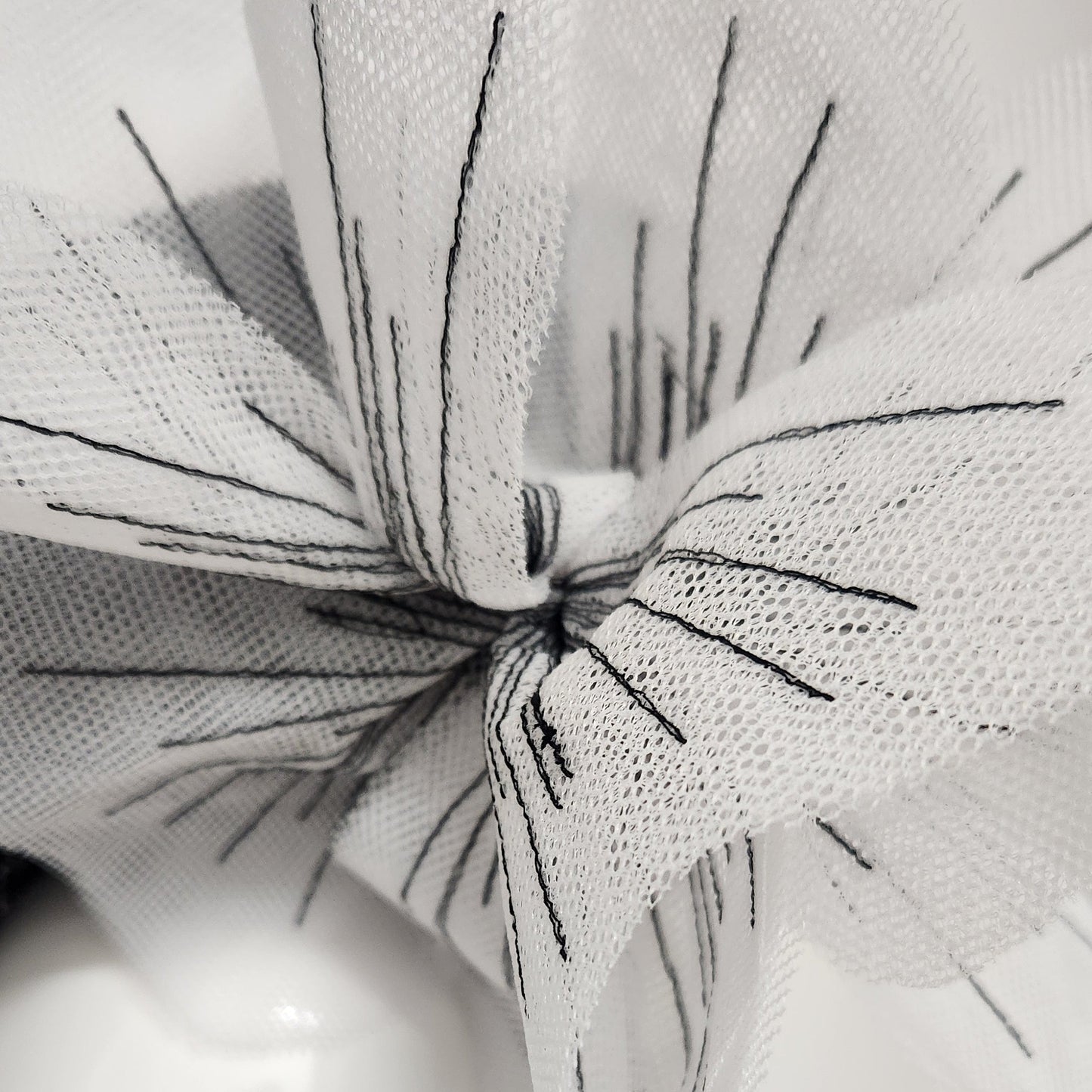Monique Saucer in Textured Straw Poppy Flower Trim in Black and White Spring Racewear Headpiece