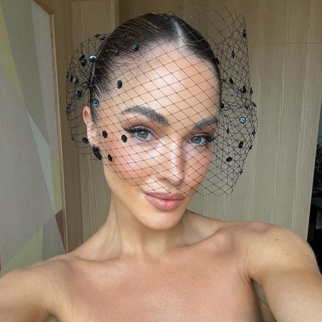 Valerie full face veil headpiece in black with sequins