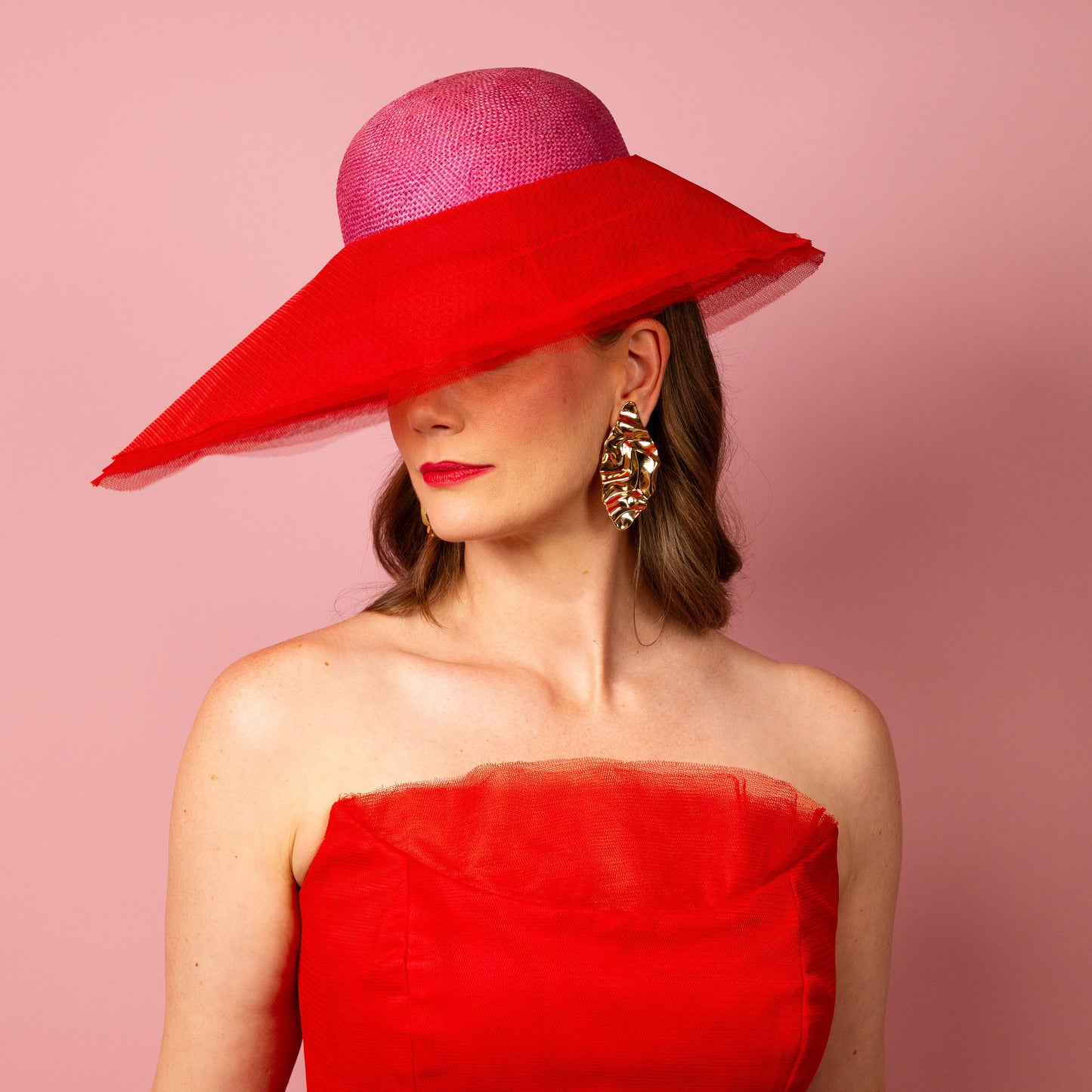 Adeline rounded straw crown with layered tulle asymmetrical brim Spring Racing Hat