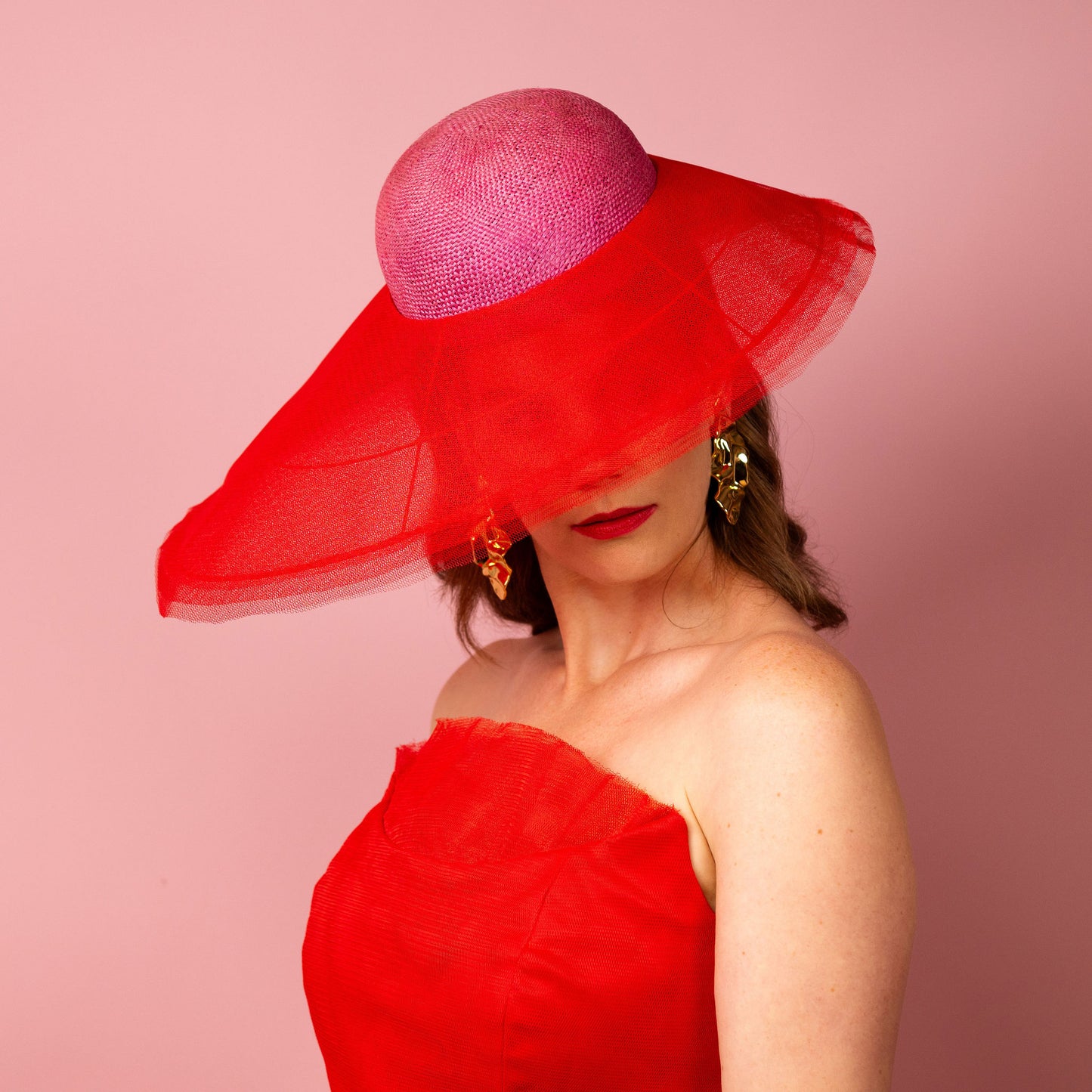 Adeline rounded straw crown with layered tulle asymmetrical brim Spring Racing Hat