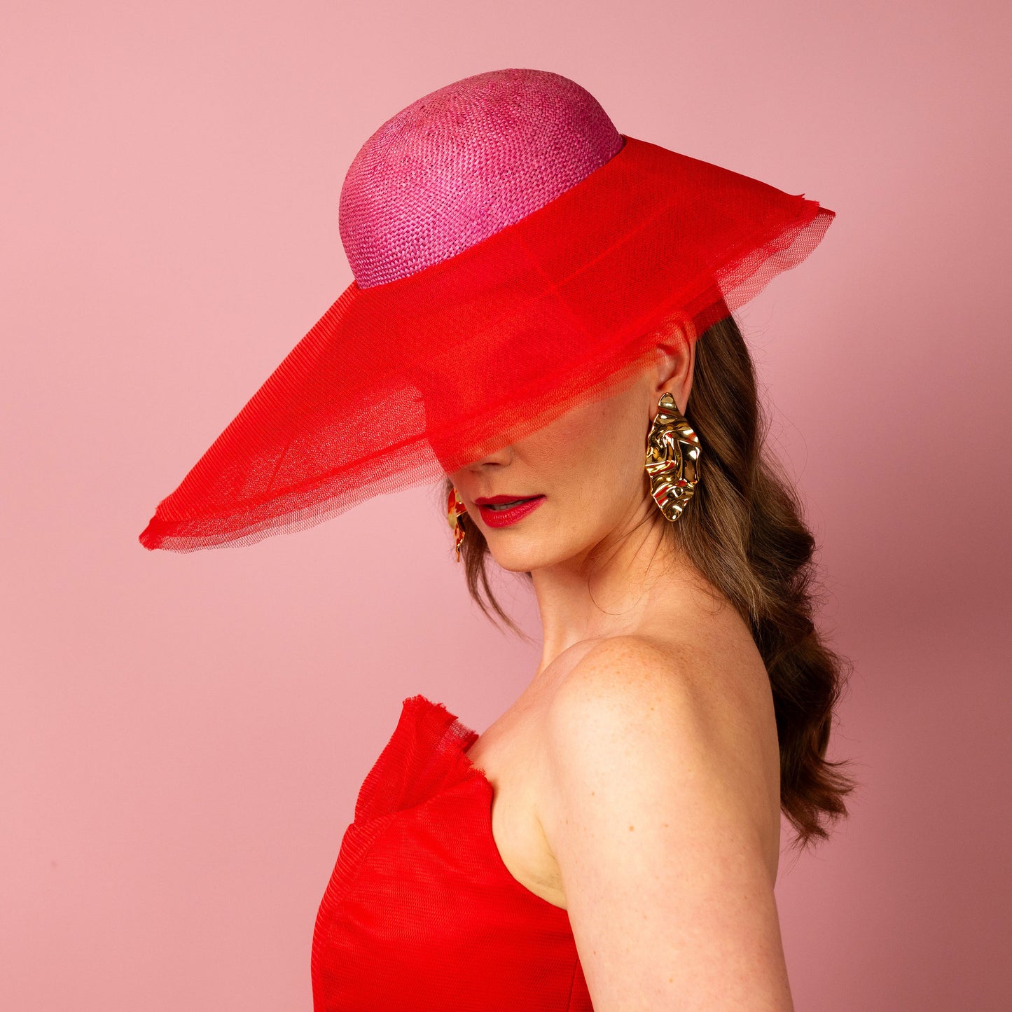 Adeline rounded straw crown with layered tulle asymmetrical brim Spring Racing Hat