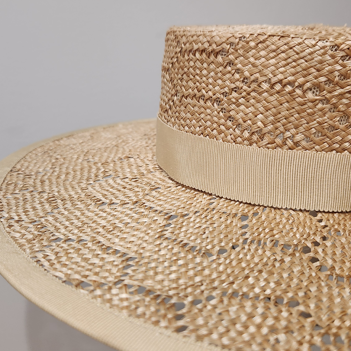 Alexandra Boater Wide Brimmed Boater Hat in Cream Hexagon Straw with Petersham Ribbon Band Spring Racewear Hat