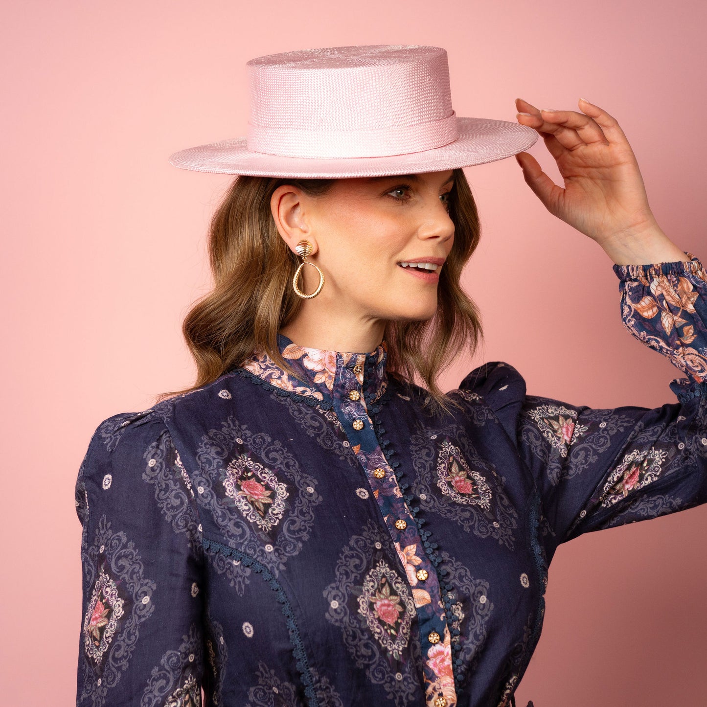 Alexia Boater with square crown and flat brim in pale pink straw Spring Racing Hat