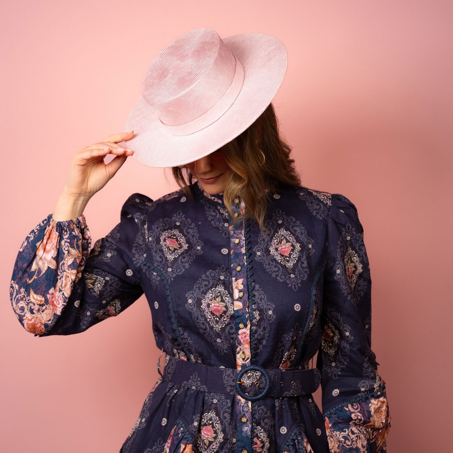 Alexia Boater with square crown and flat brim in pale pink straw Spring Racing Hat
