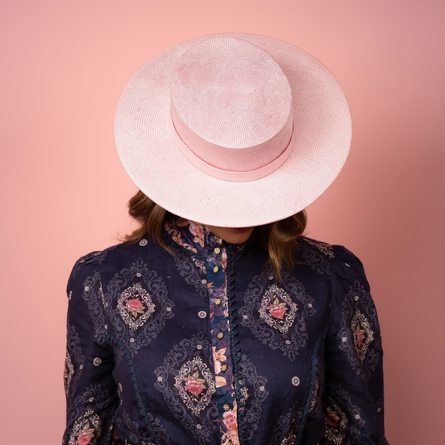 Alexia Boater with square crown and flat brim in pale pink straw Spring Racing Hat