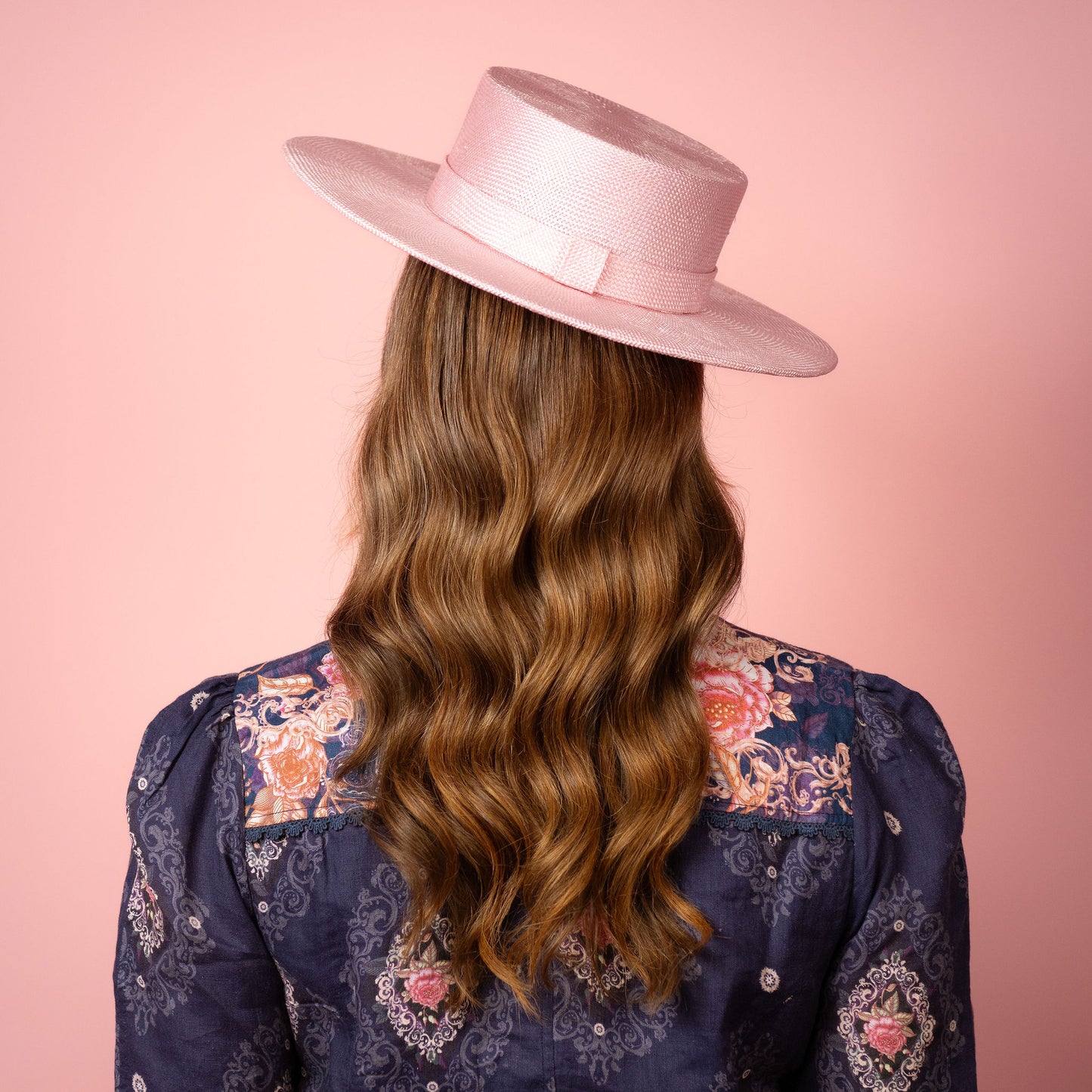 Alexia Boater with square crown and flat brim in pale pink straw Spring Racing Hat