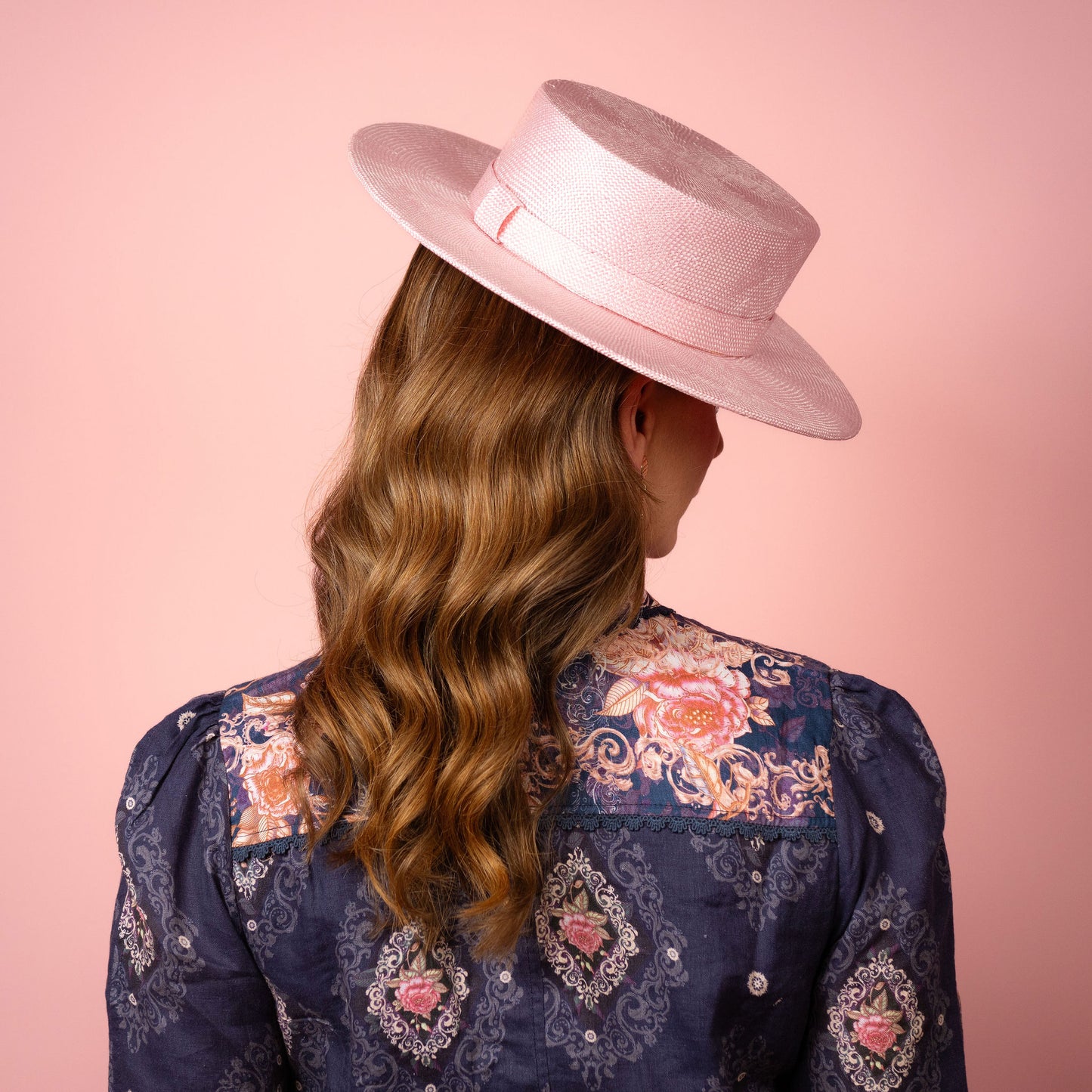 Alexia Boater with square crown and flat brim in pale pink straw Spring Racing Hat