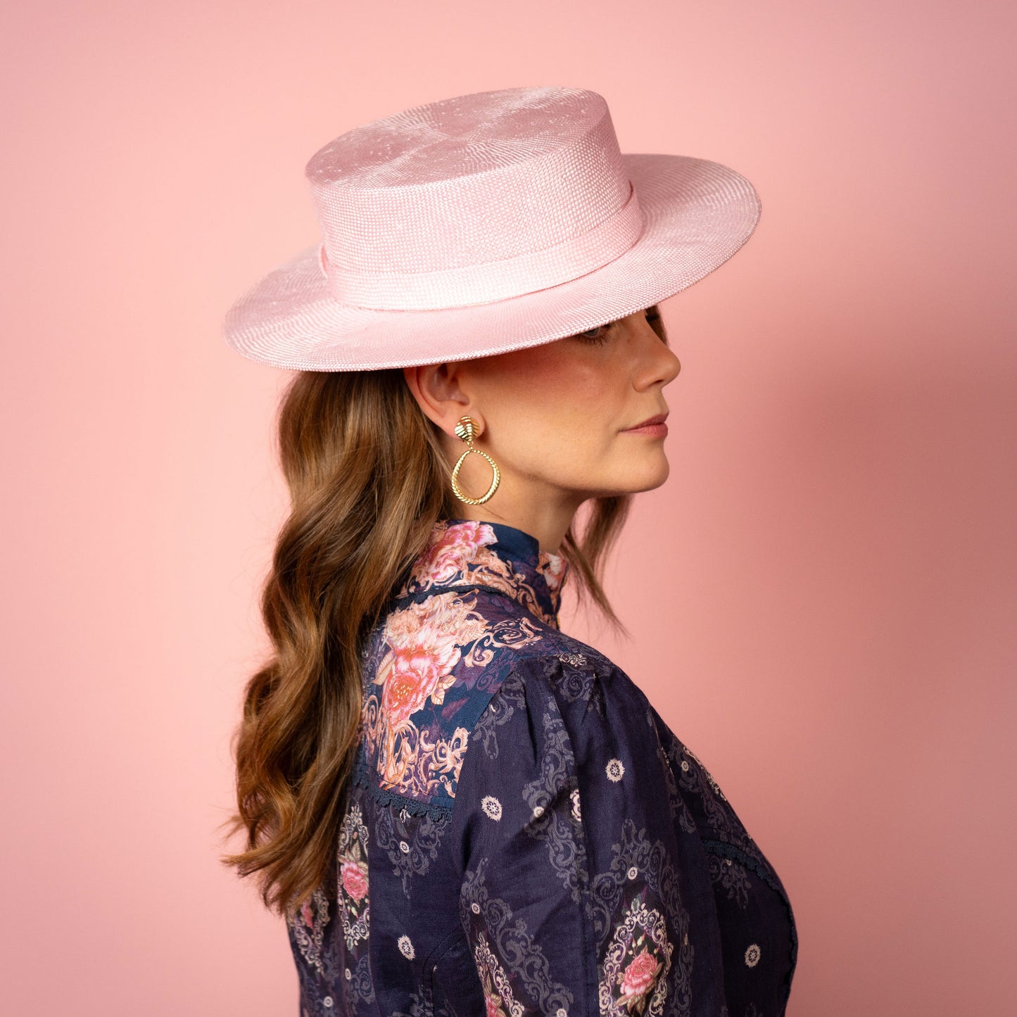 Alexia Boater with square crown and flat brim in pale pink straw Spring Racing Hat