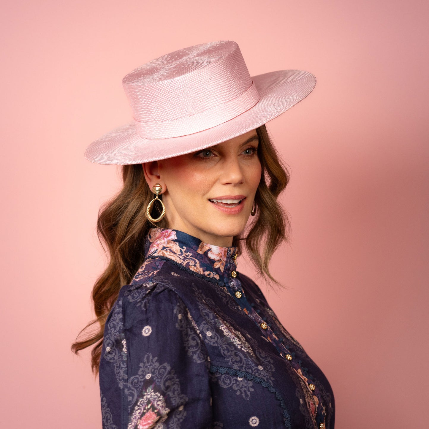 Alexia Boater with square crown and flat brim in pale pink straw Spring Racing Hat