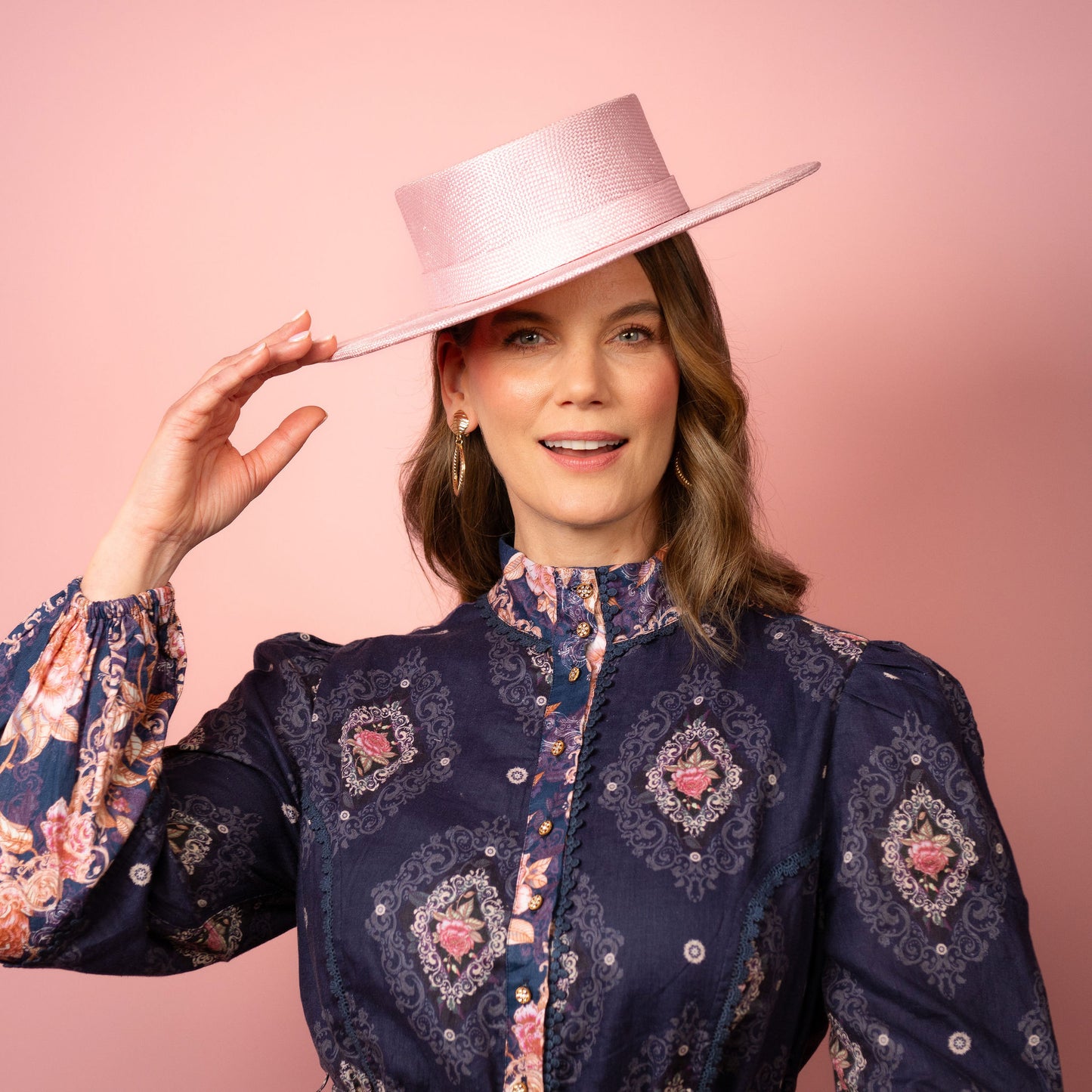 Alexia Boater with square crown and flat brim in pale pink straw Spring Racing Hat