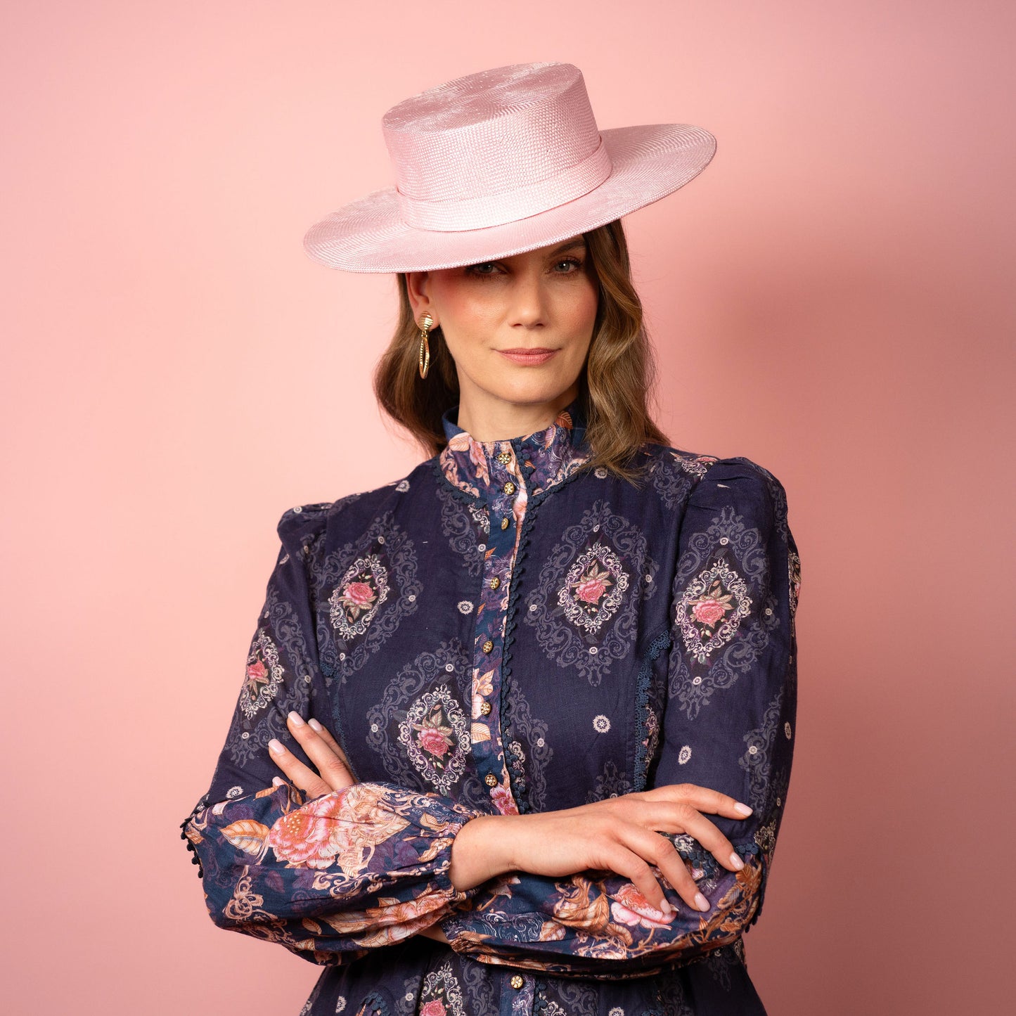 Alexia Boater with square crown and flat brim in pale pink straw Spring Racing Hat