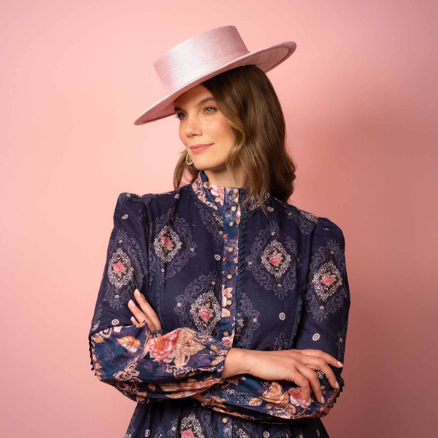 Alexia Boater with square crown and flat brim in pale pink straw Spring Racing Hat