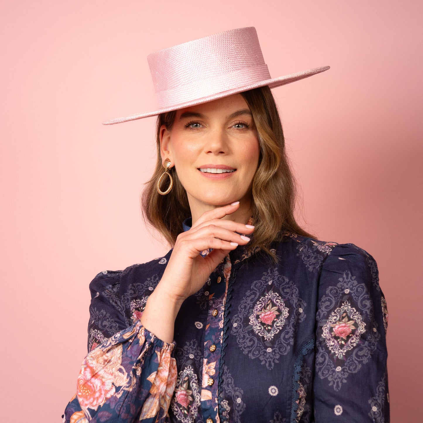 Alexia Boater with square crown and flat brim in pale pink straw Spring Racing Hat