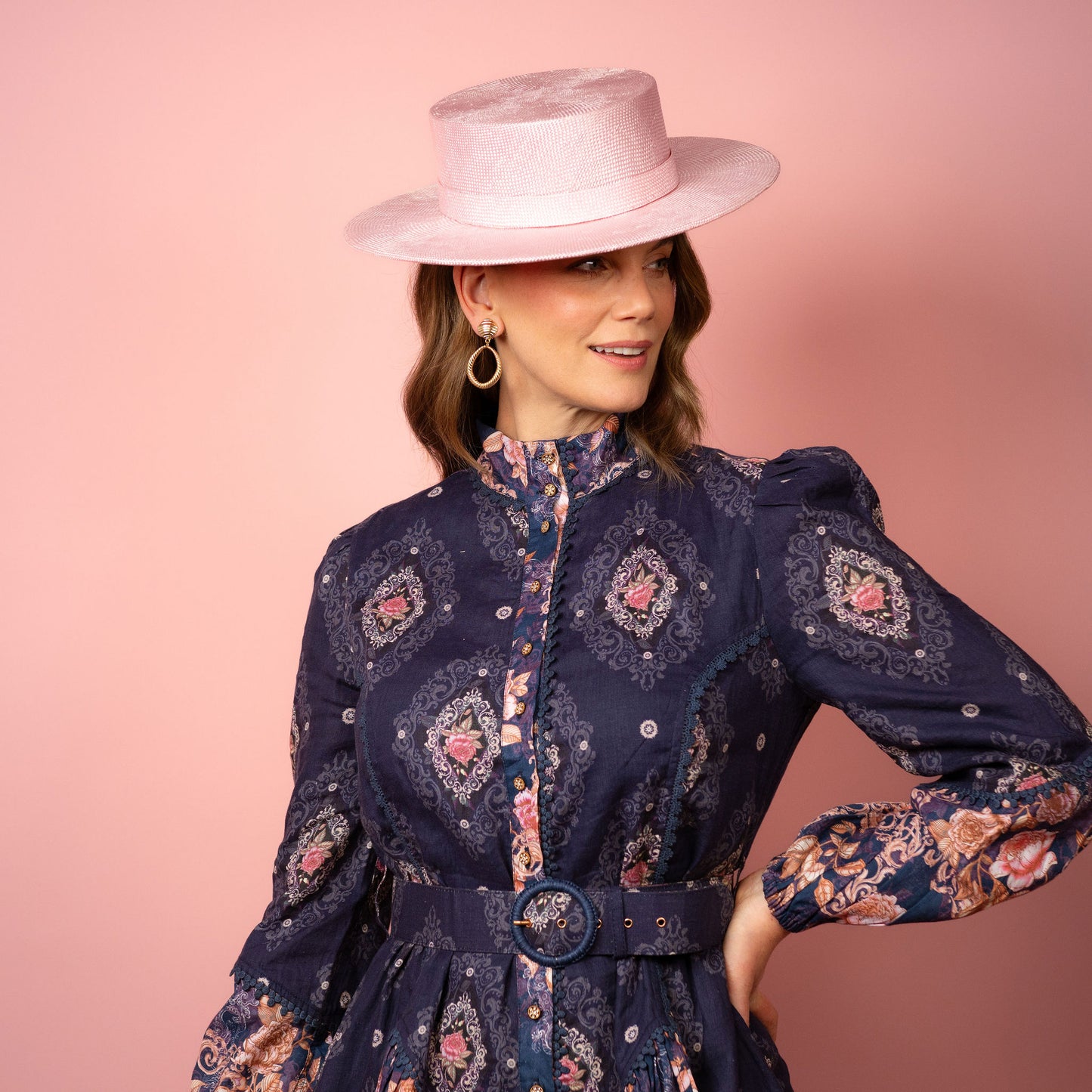 Alexia Boater with square crown and flat brim in pale pink straw Spring Racing Hat