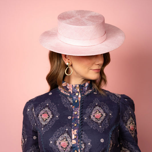 Alexia Boater with square crown and flat brim in pale pink straw Spring Racing Hat