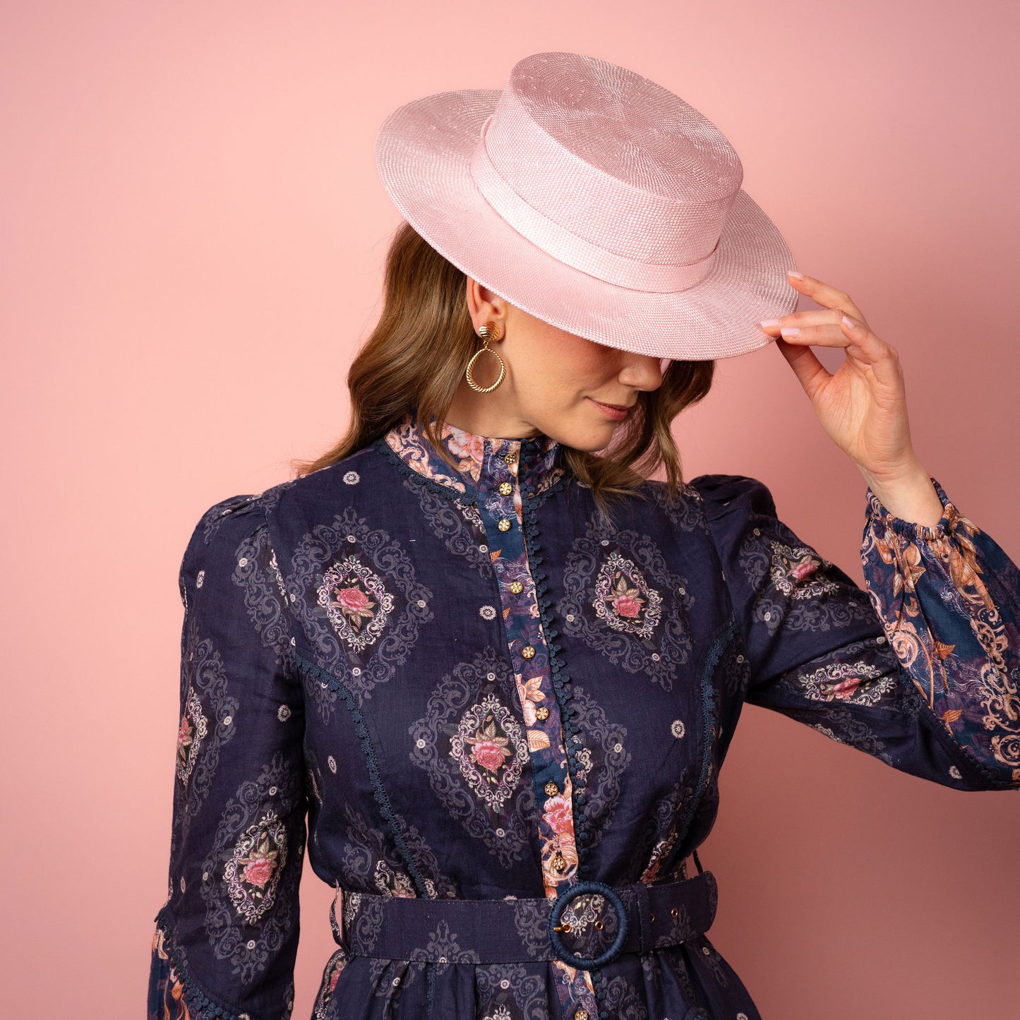Alexia Boater with square crown and flat brim in pale pink straw Spring Racing Hat
