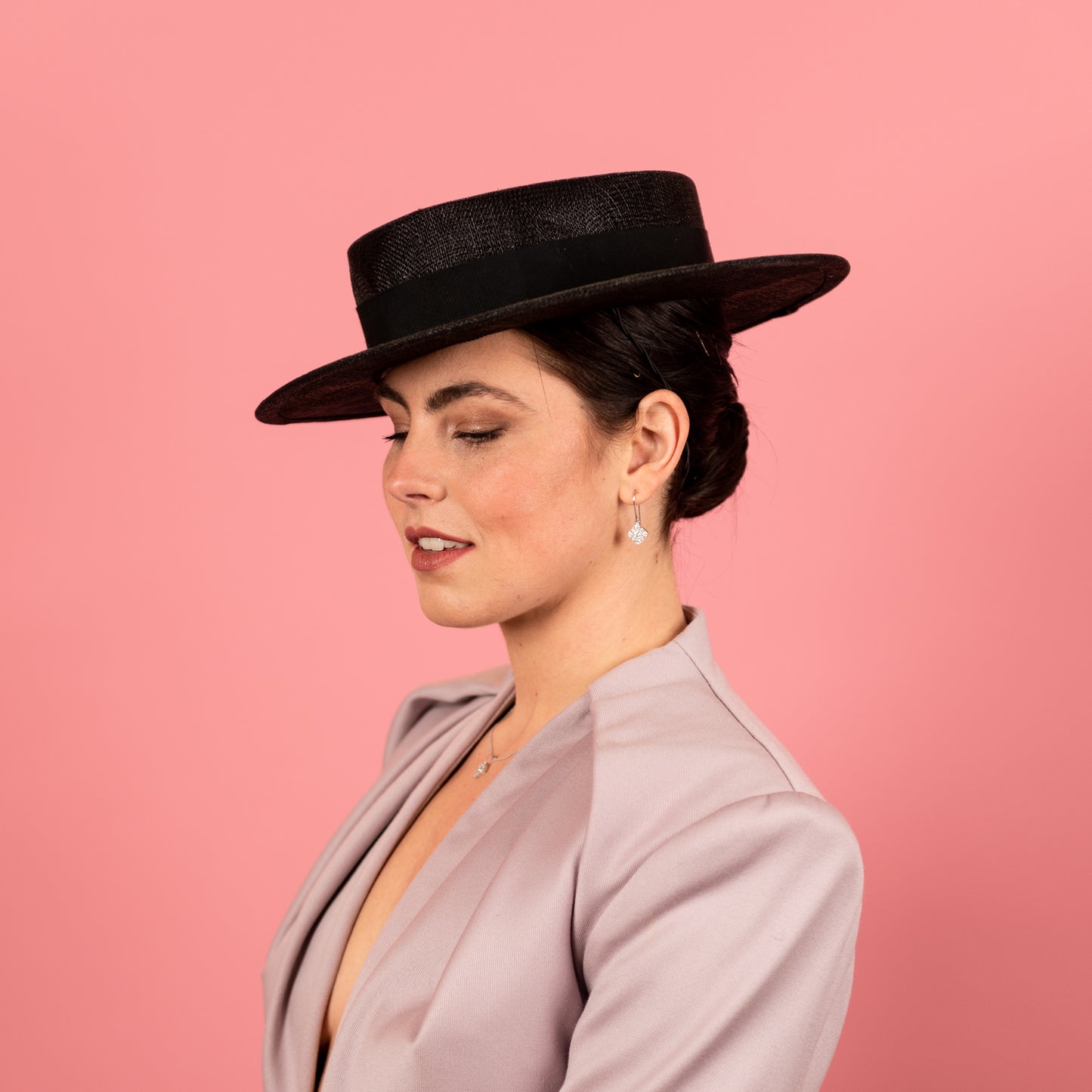 Alexandra Boater in Black Straw with Petersham band
