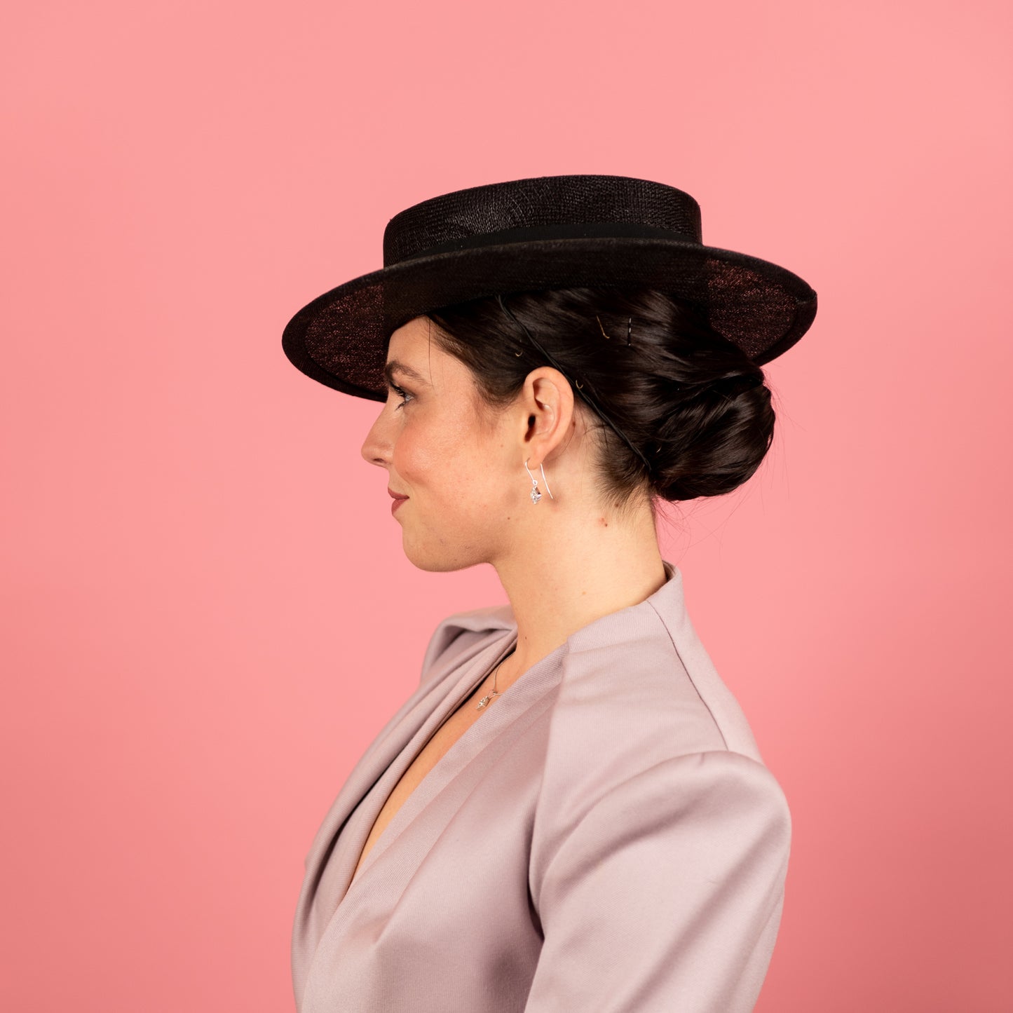 Alexandra Boater in Black Straw with Petersham band
