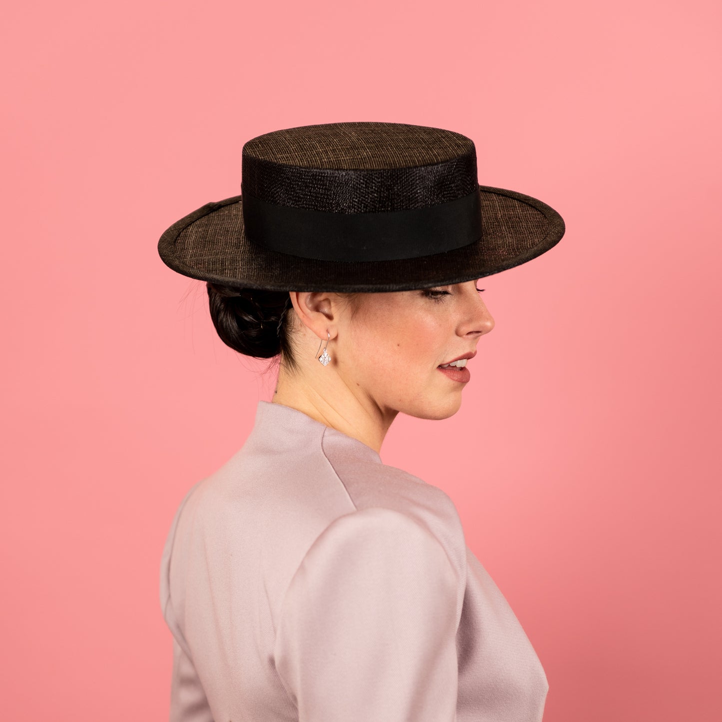 Alexandra Boater in Black Straw with Petersham band