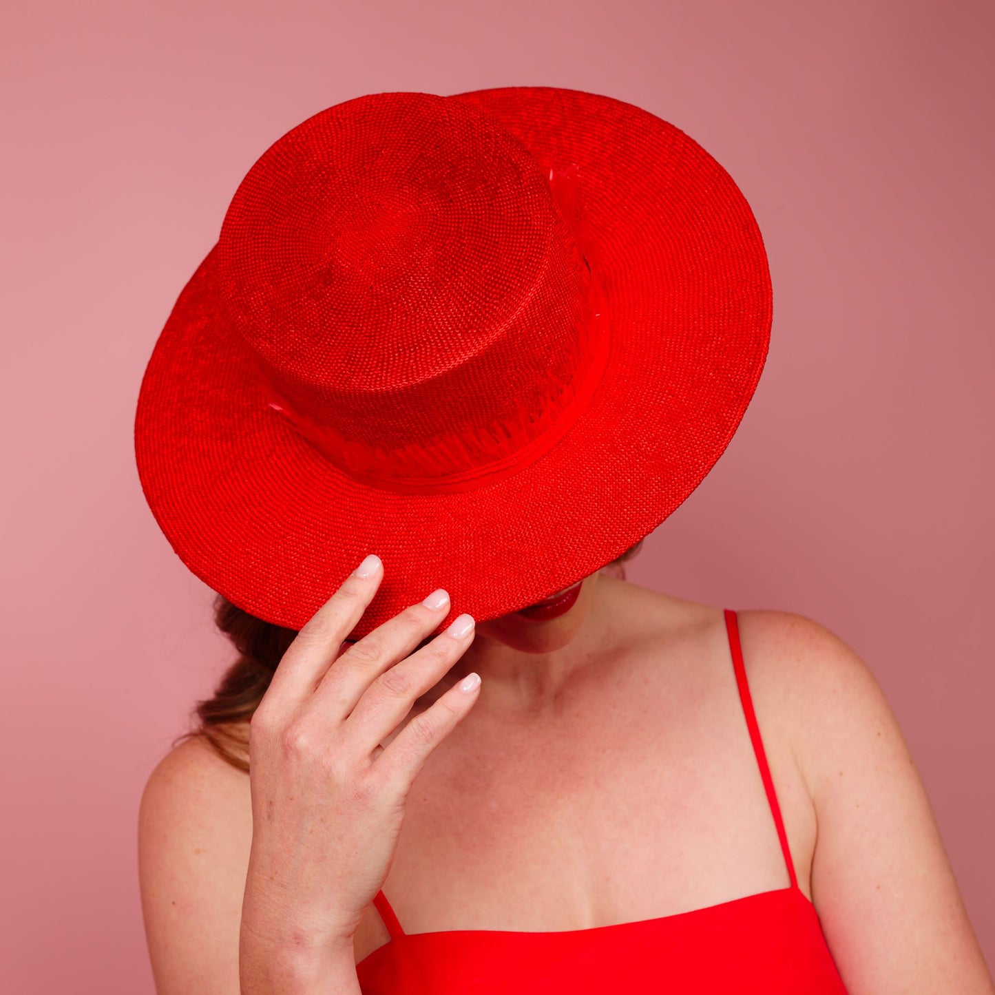 Alexis Boater in Red straw with fringe band