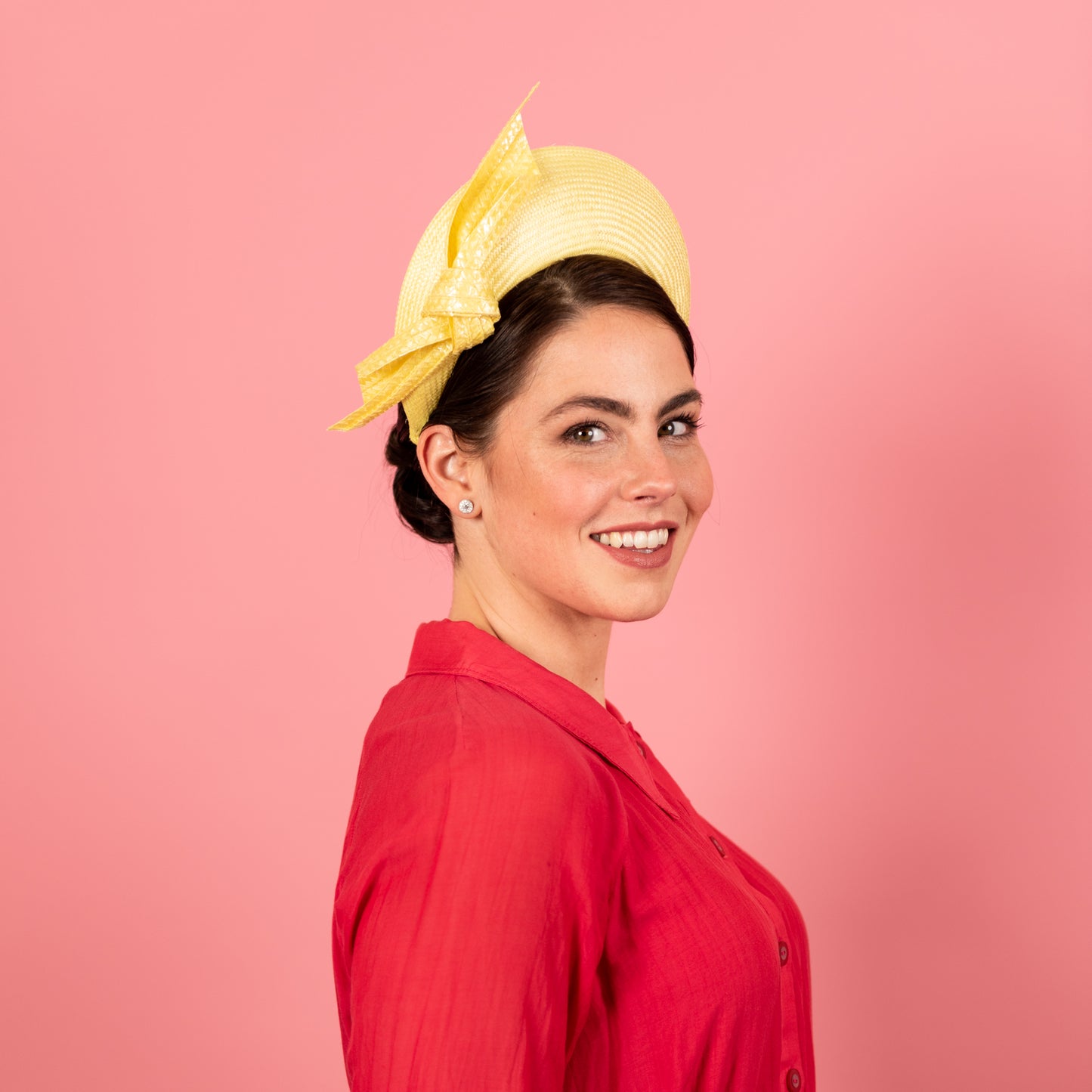 Amelia straw halo with patent knotted trim in lemon