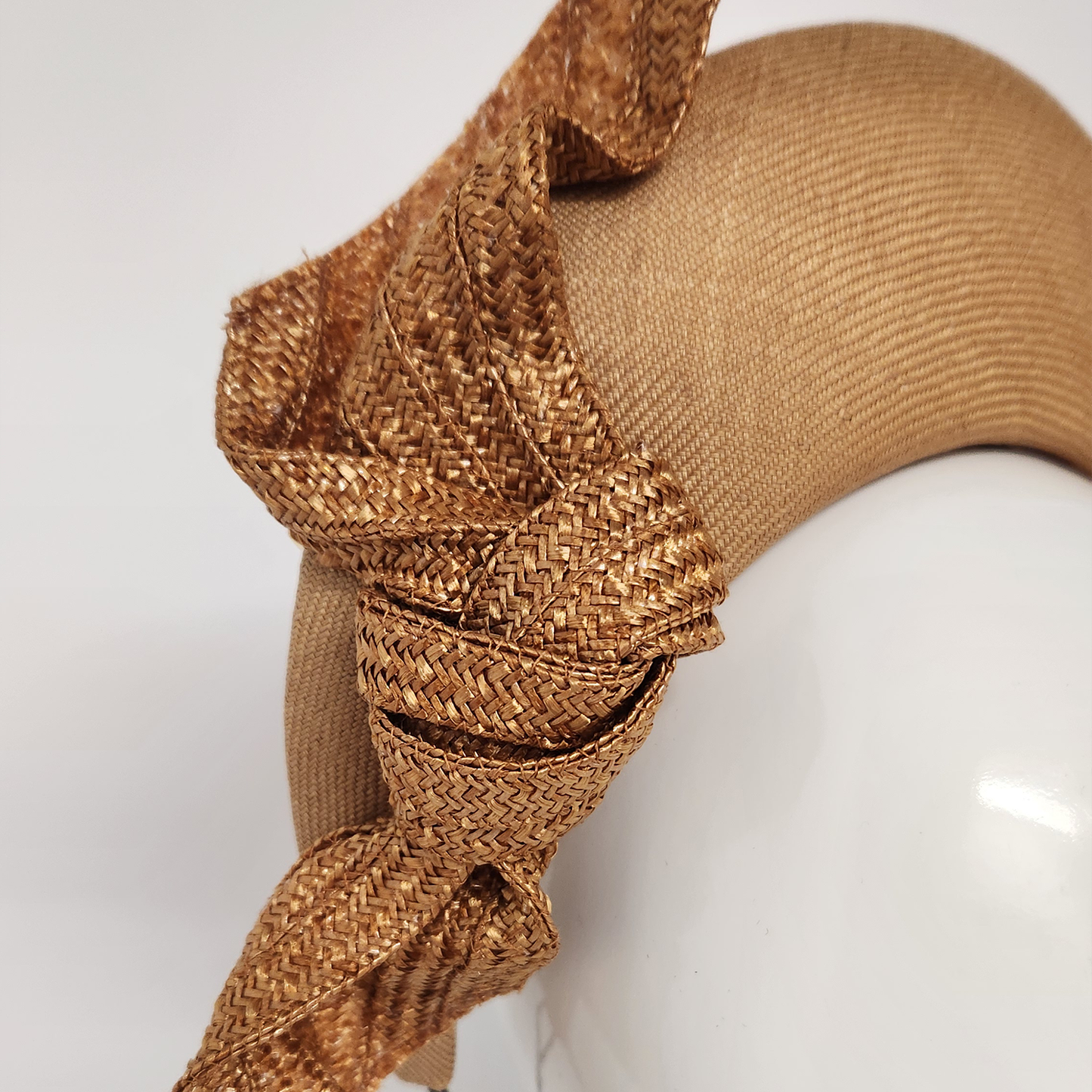 Amelia straw halo with knotted trim in gold Spring Racewear Headpiece