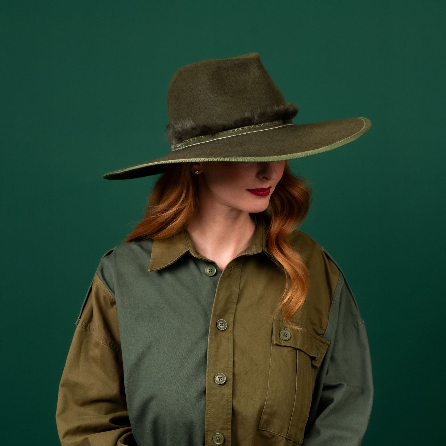 Bogong Green Felt Fedora Hat with fluffy velvet trim Winter Racewear Hat