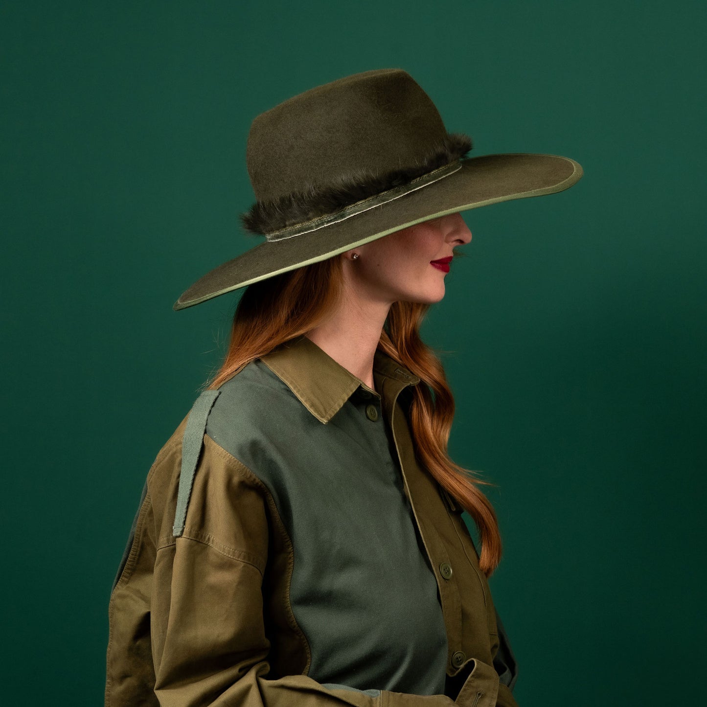 Bogong Green Felt Fedora Hat with fluffy velvet trim Winter Racewear Hat