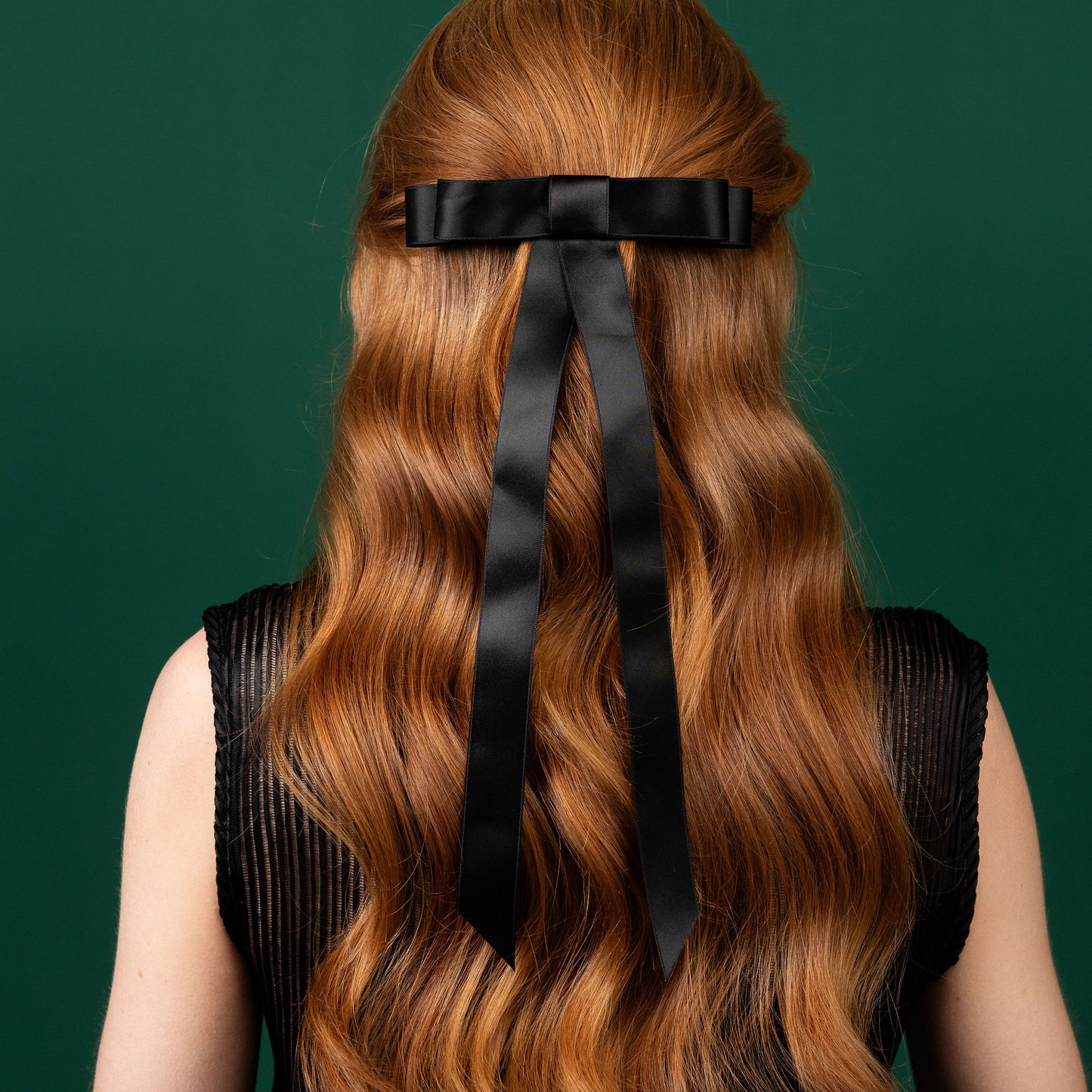 Double Loop Shoulder Length Satin Bow Luxury Barrette Hair Clip Black Satin
