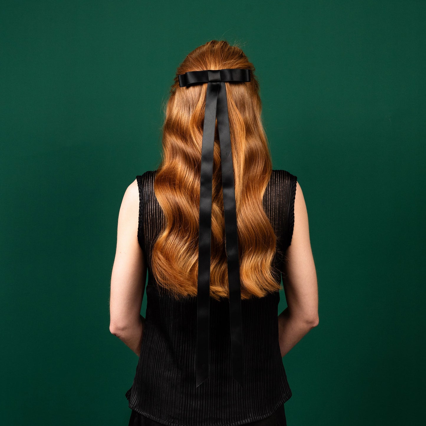 Double Loop Waist Length Satin Bow Luxury Barrette Hair Clip Black Satin