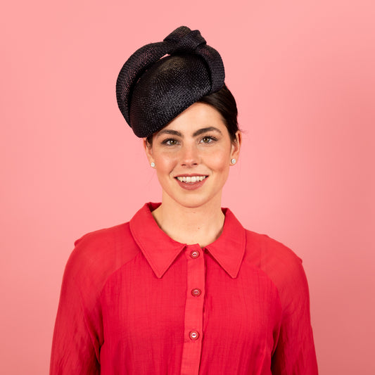 Celeste Beret with Knotted Trim in Textured French Navy Straw