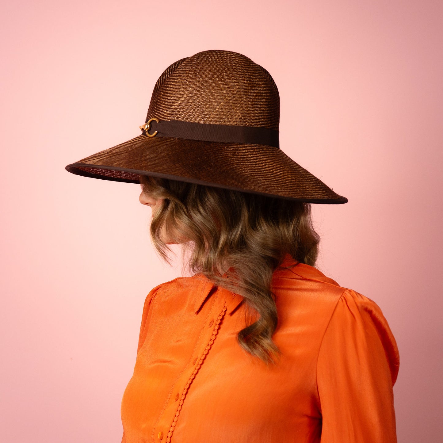 Charlotte wide Brimmed hat with shaped crown in chocolate brown straw and gold buckle brim Spring Racewear Hat