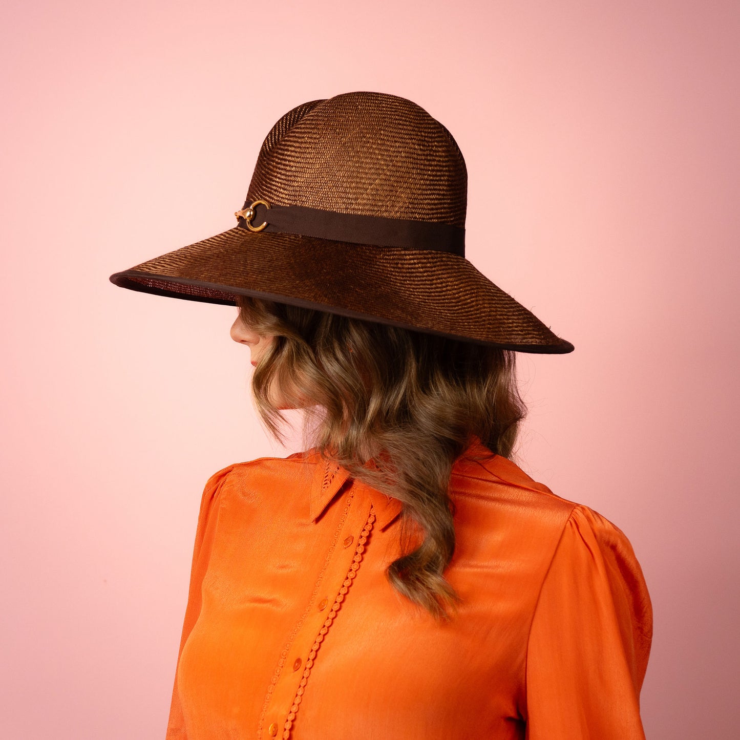 Charlotte wide Brimmed hat with shaped crown in chocolate brown straw and gold buckle brim Spring Racewear Hat