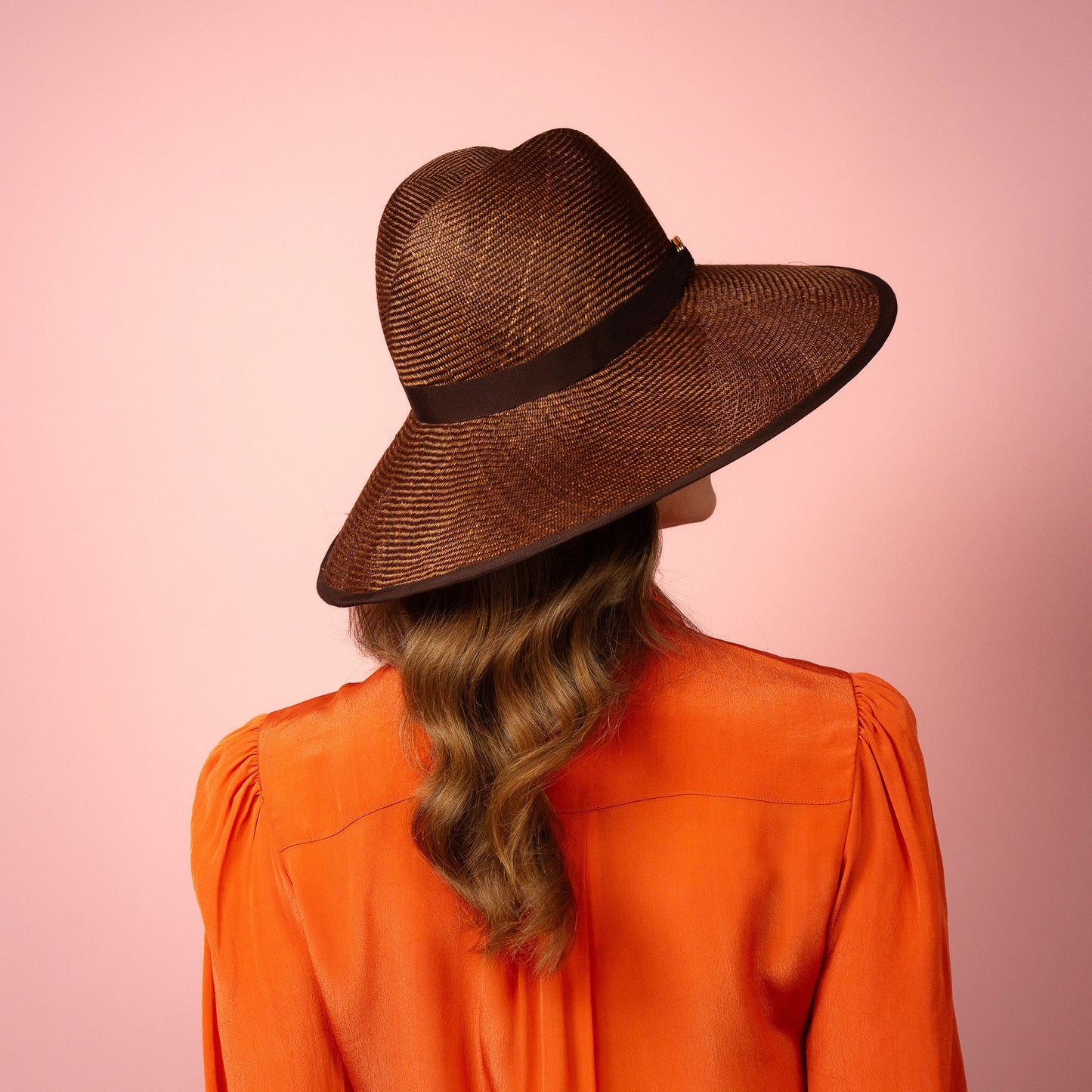Charlotte wide Brimmed hat with shaped crown in chocolate brown straw and gold buckle brim Spring Racewear Hat