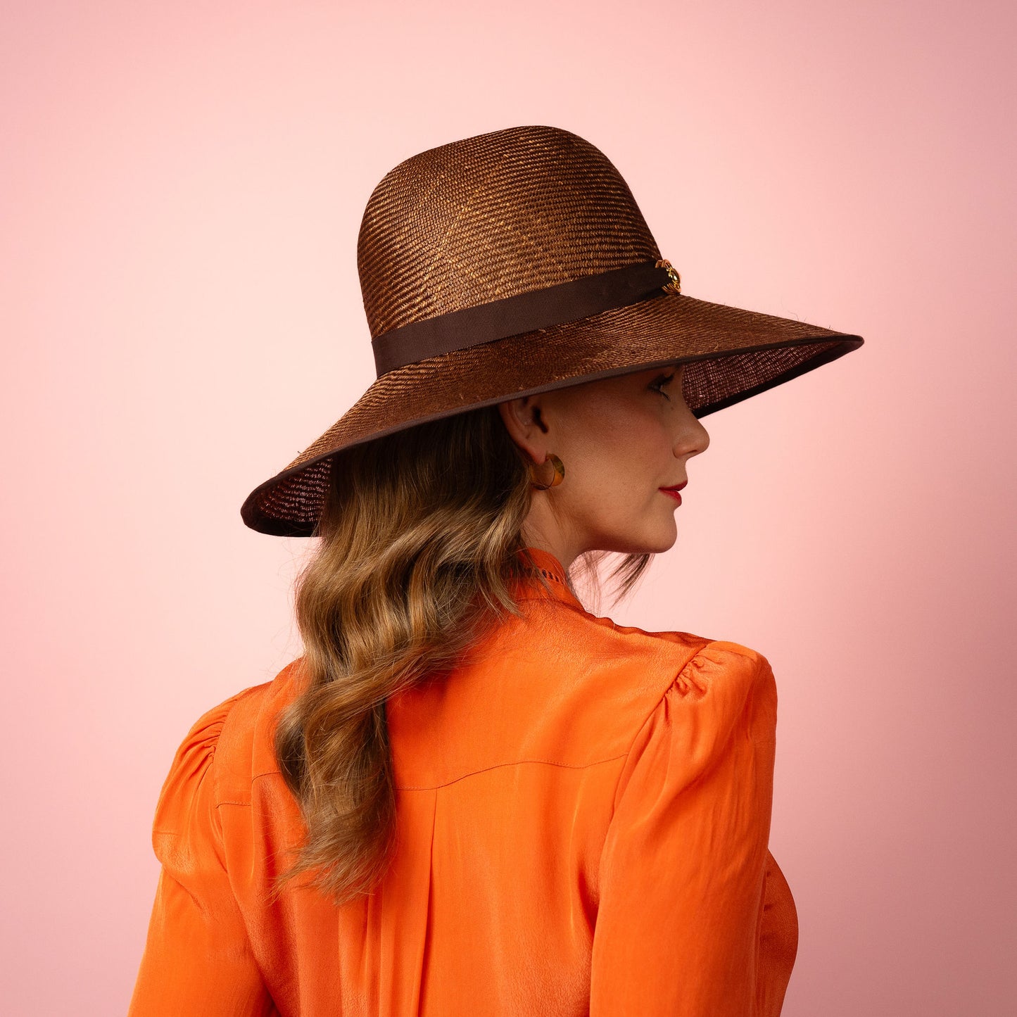 Charlotte wide Brimmed hat with shaped crown in chocolate brown straw and gold buckle brim Spring Racewear Hat