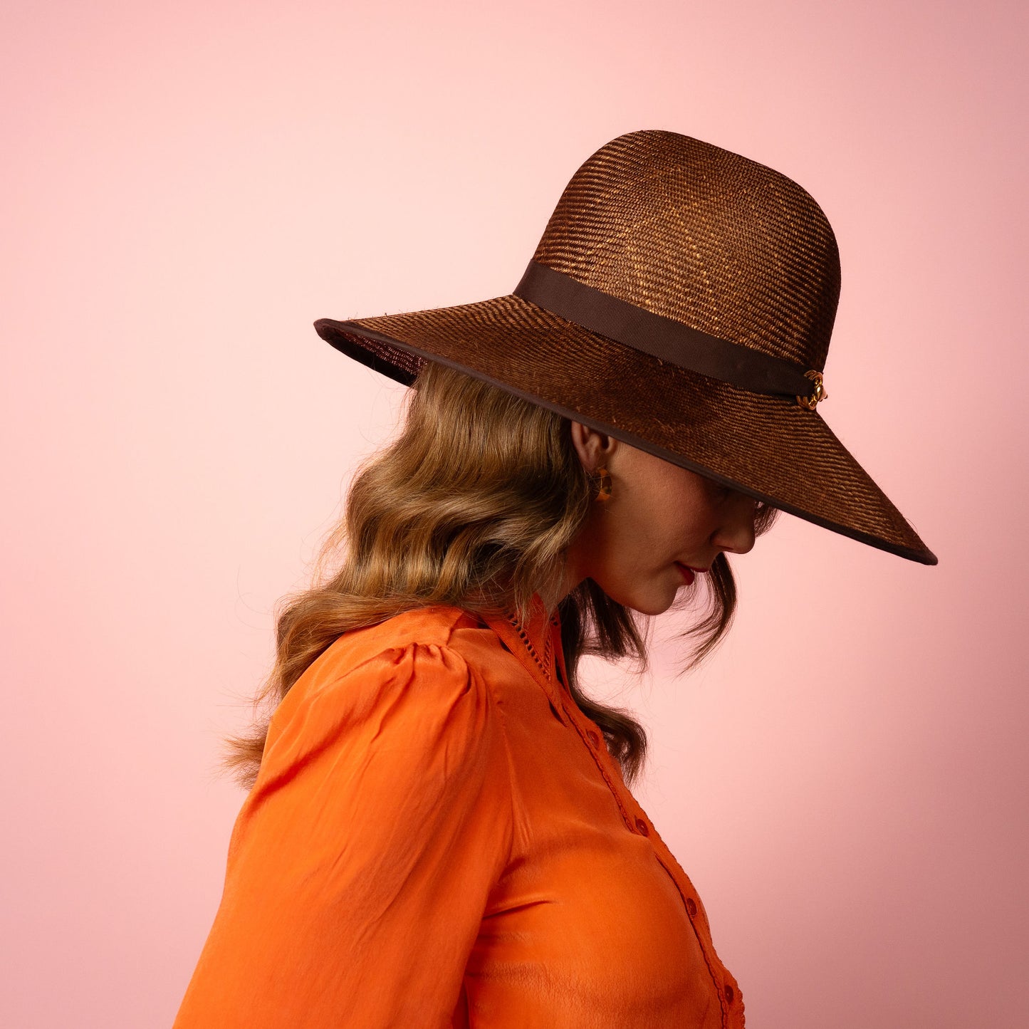 Charlotte wide Brimmed hat with shaped crown in chocolate brown straw and gold buckle brim Spring Racewear Hat