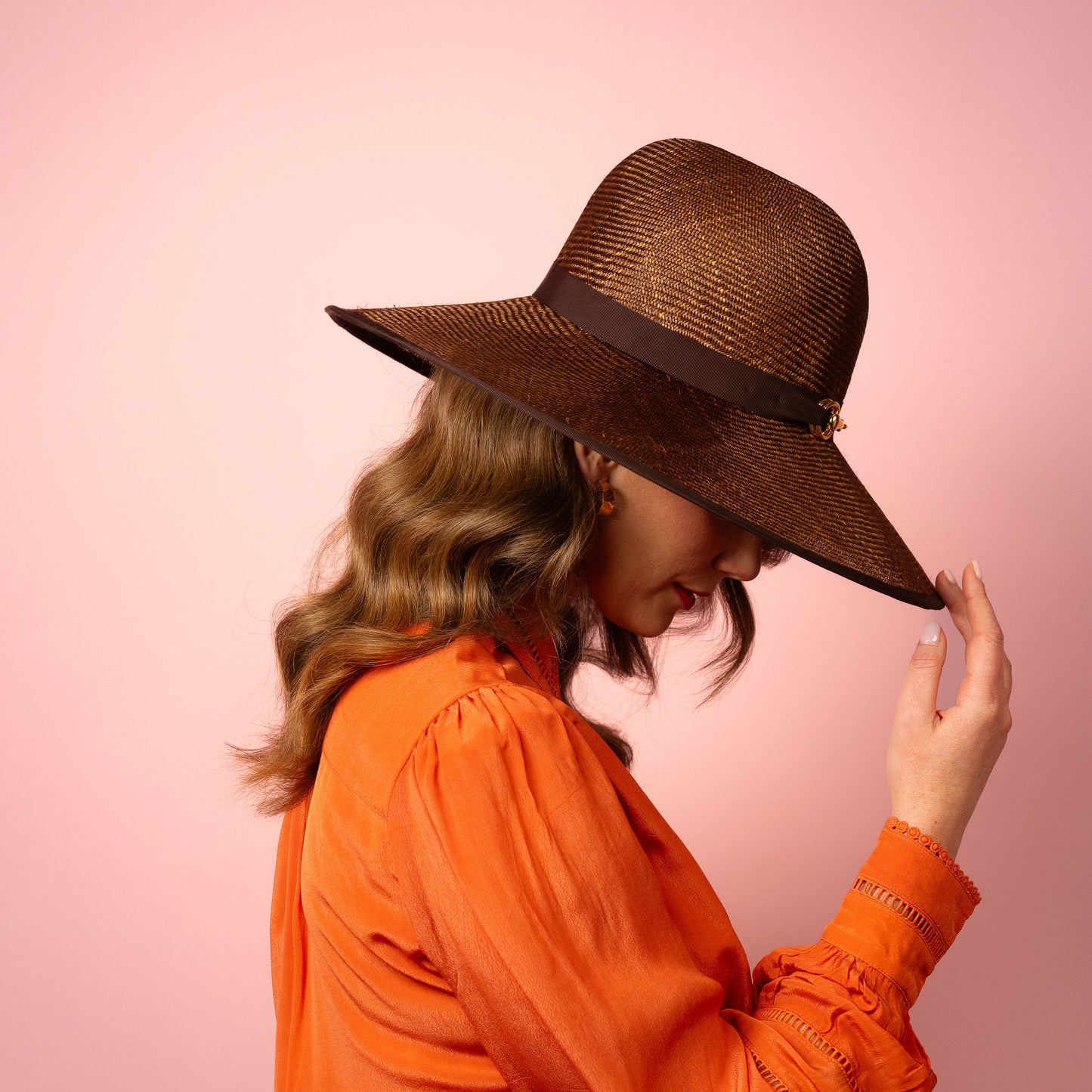 Charlotte wide Brimmed hat with shaped crown in chocolate brown straw and gold buckle brim Spring Racewear Hat