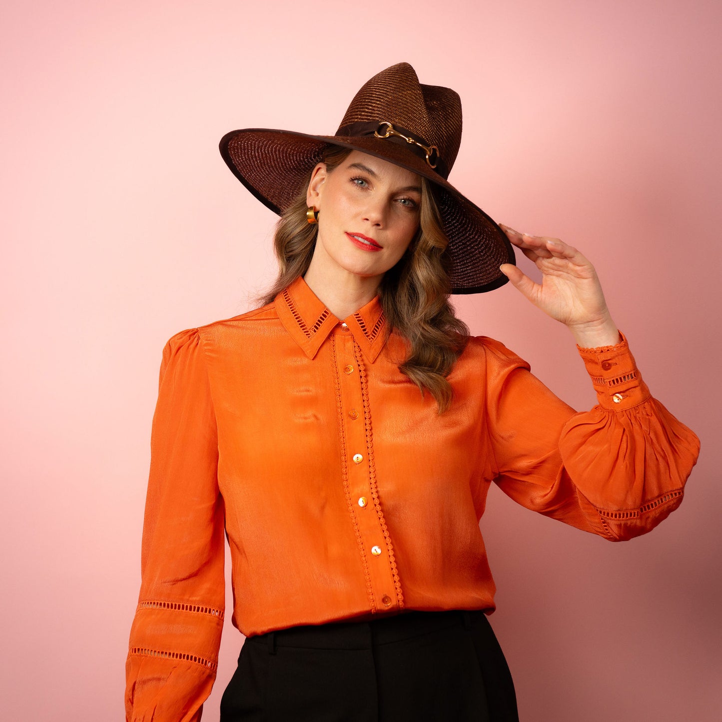 Charlotte wide Brimmed hat with shaped crown in chocolate brown straw and gold buckle brim Spring Racewear Hat