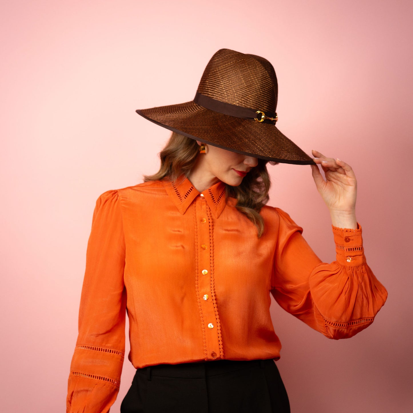 Charlotte wide Brimmed hat with shaped crown in chocolate brown straw and gold buckle brim Spring Racewear Hat