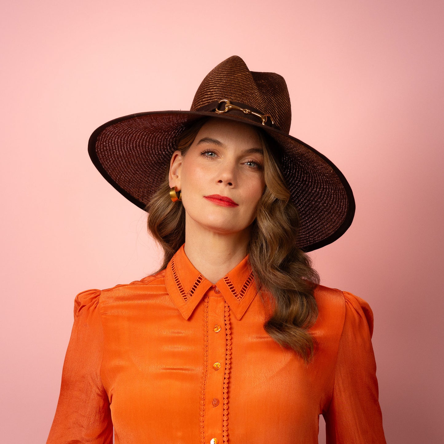 Charlotte wide Brimmed hat with shaped crown in chocolate brown straw and gold buckle brim Spring Racewear Hat