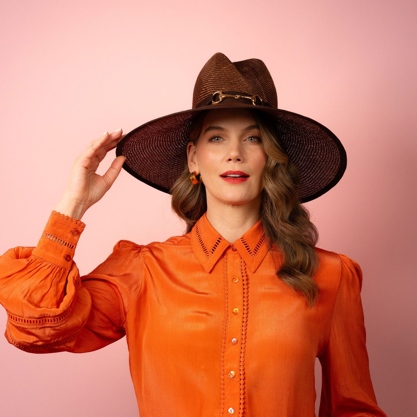 Charlotte wide Brimmed hat with shaped crown in chocolate brown straw and gold buckle brim Spring Racewear Hat