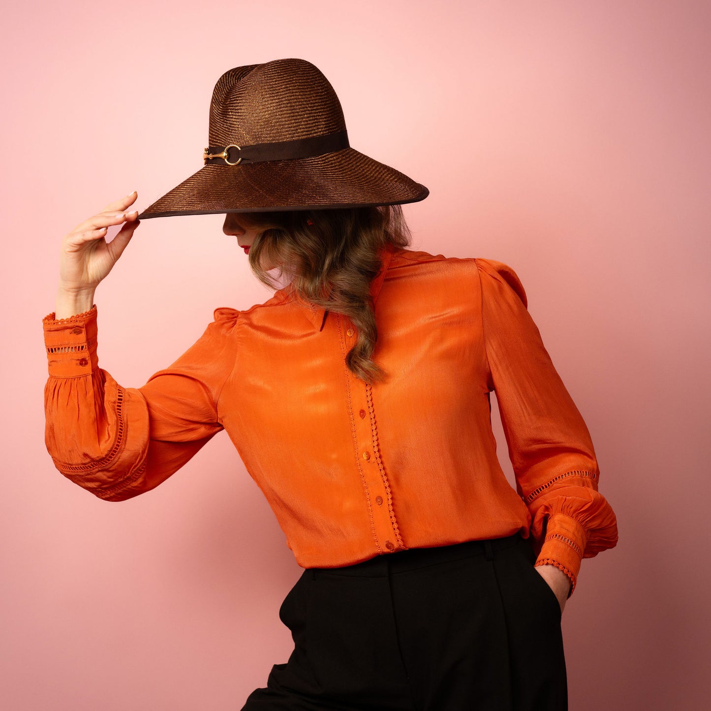 Charlotte wide Brimmed hat with shaped crown in chocolate brown straw and gold buckle brim Spring Racewear Hat