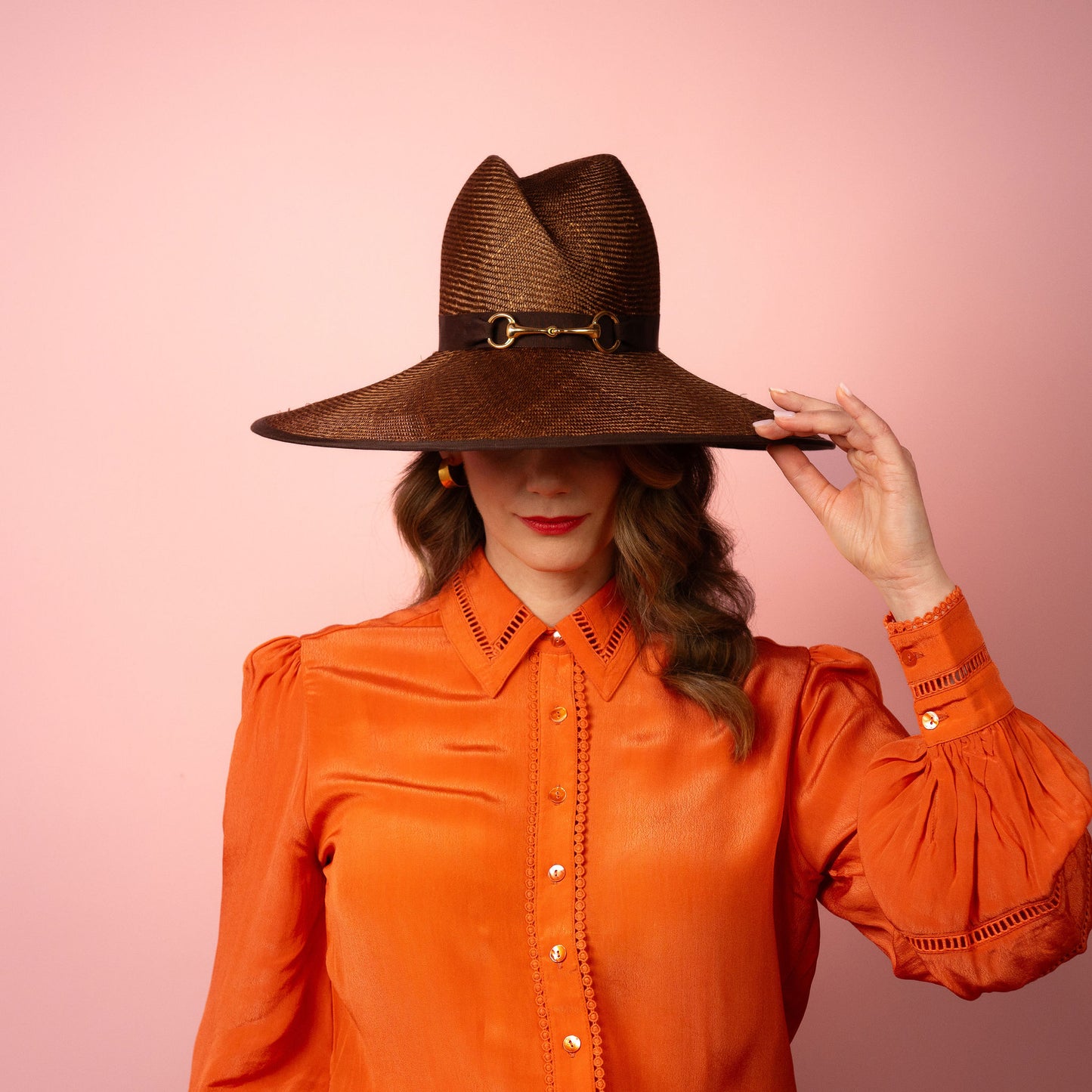 Charlotte wide Brimmed hat with shaped crown in chocolate brown straw and gold buckle brim Spring Racewear Hat