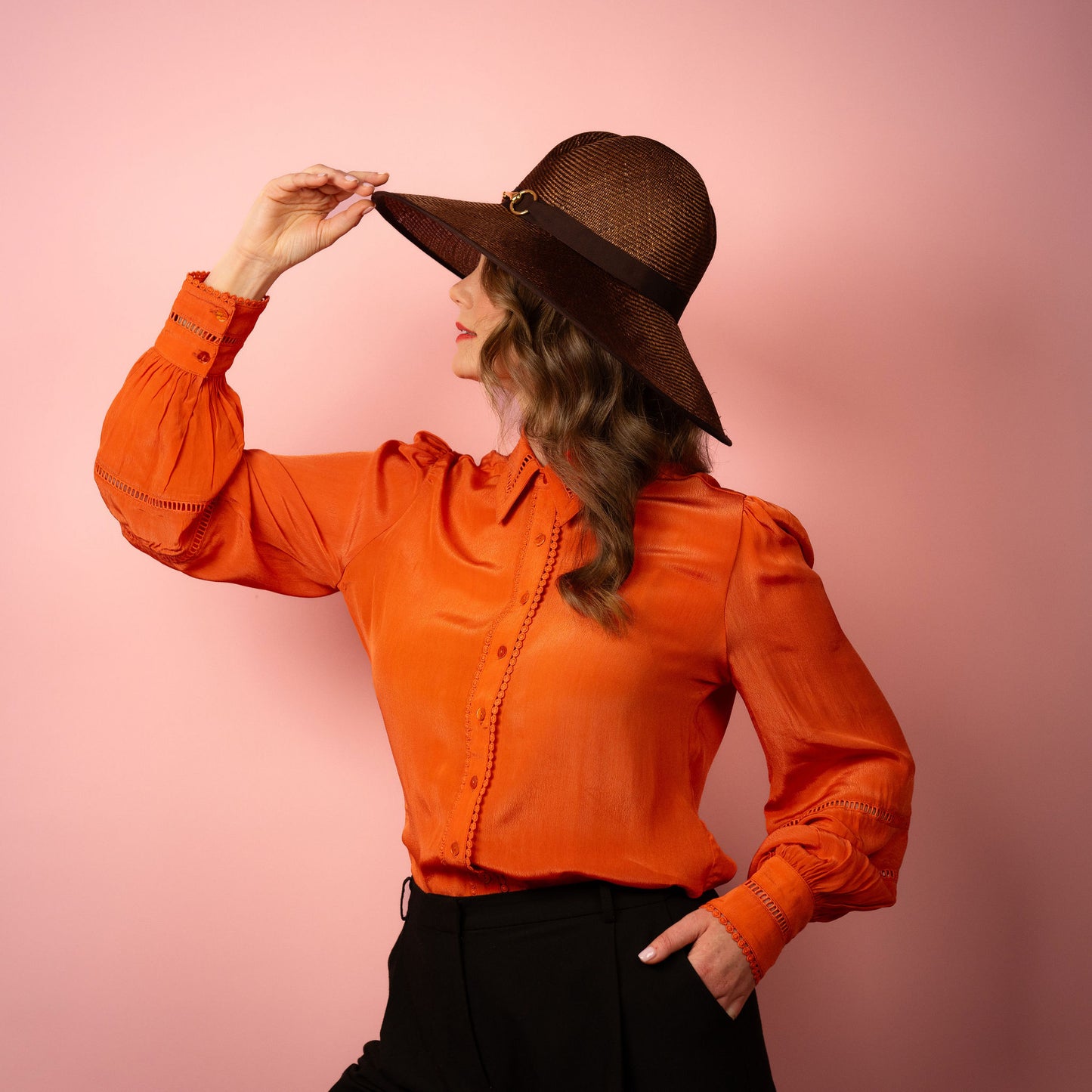Charlotte wide Brimmed hat with shaped crown in chocolate brown straw and gold buckle brim Spring Racewear Hat