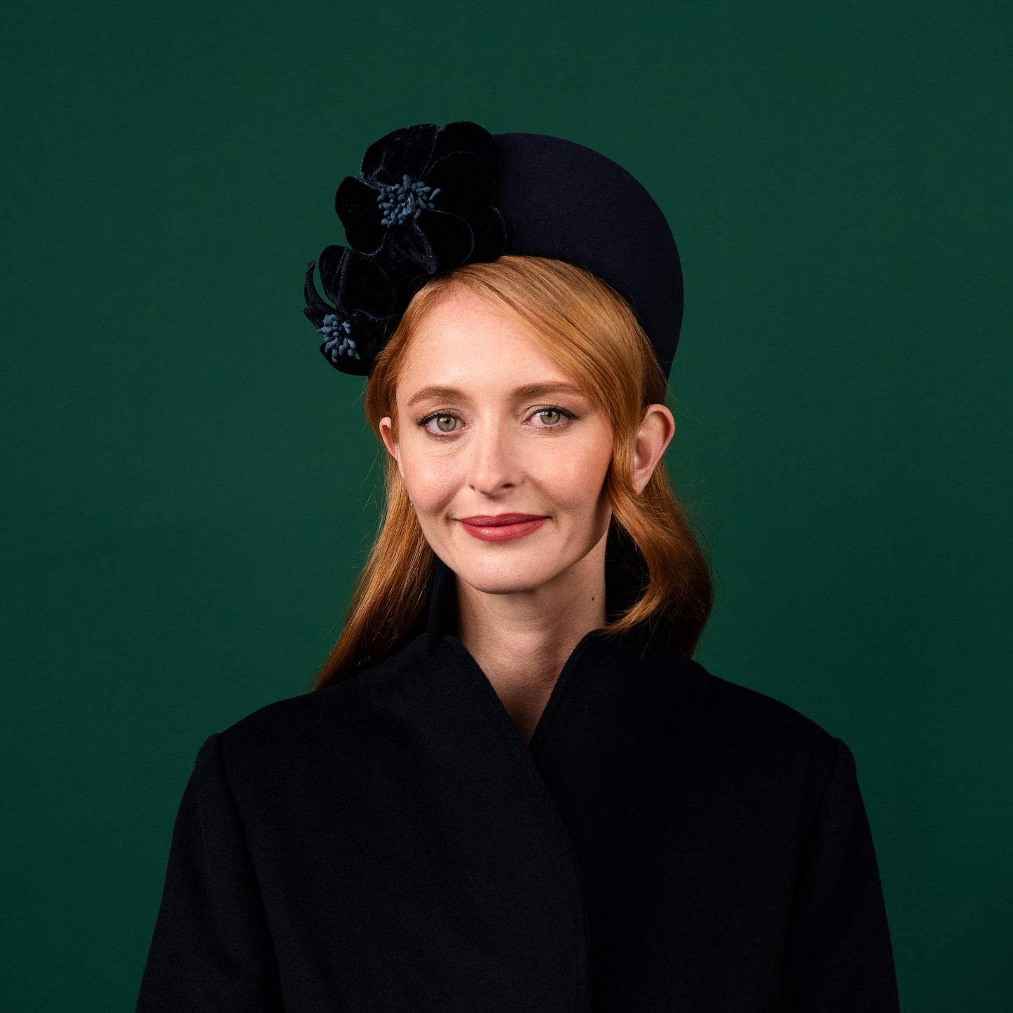 Cheyne Navy Felt Halo with Velvet Flowers Winter Racewear Headpiece
