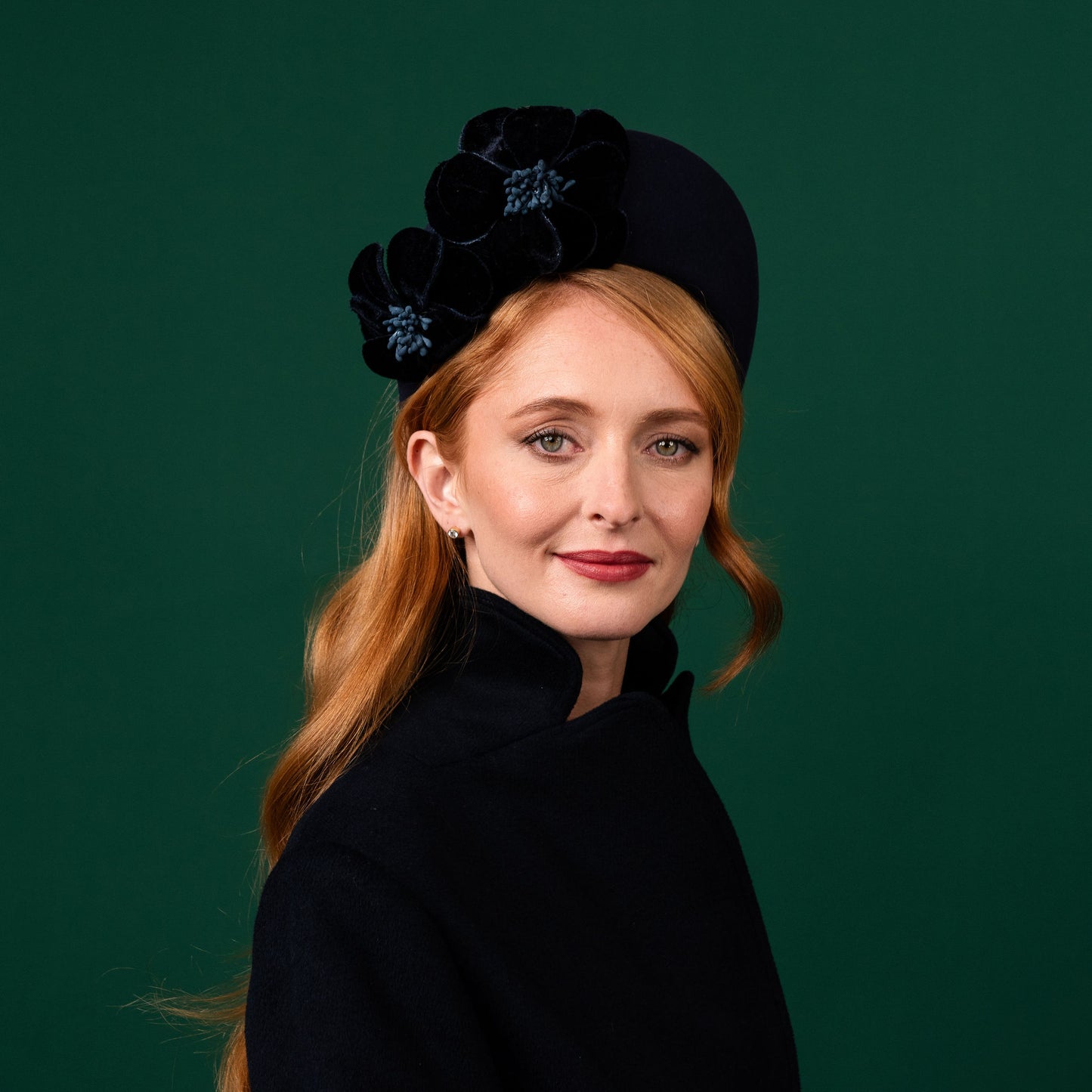 Cheyne Navy Felt Halo with Velvet Flowers Winter Racewear Headpiece